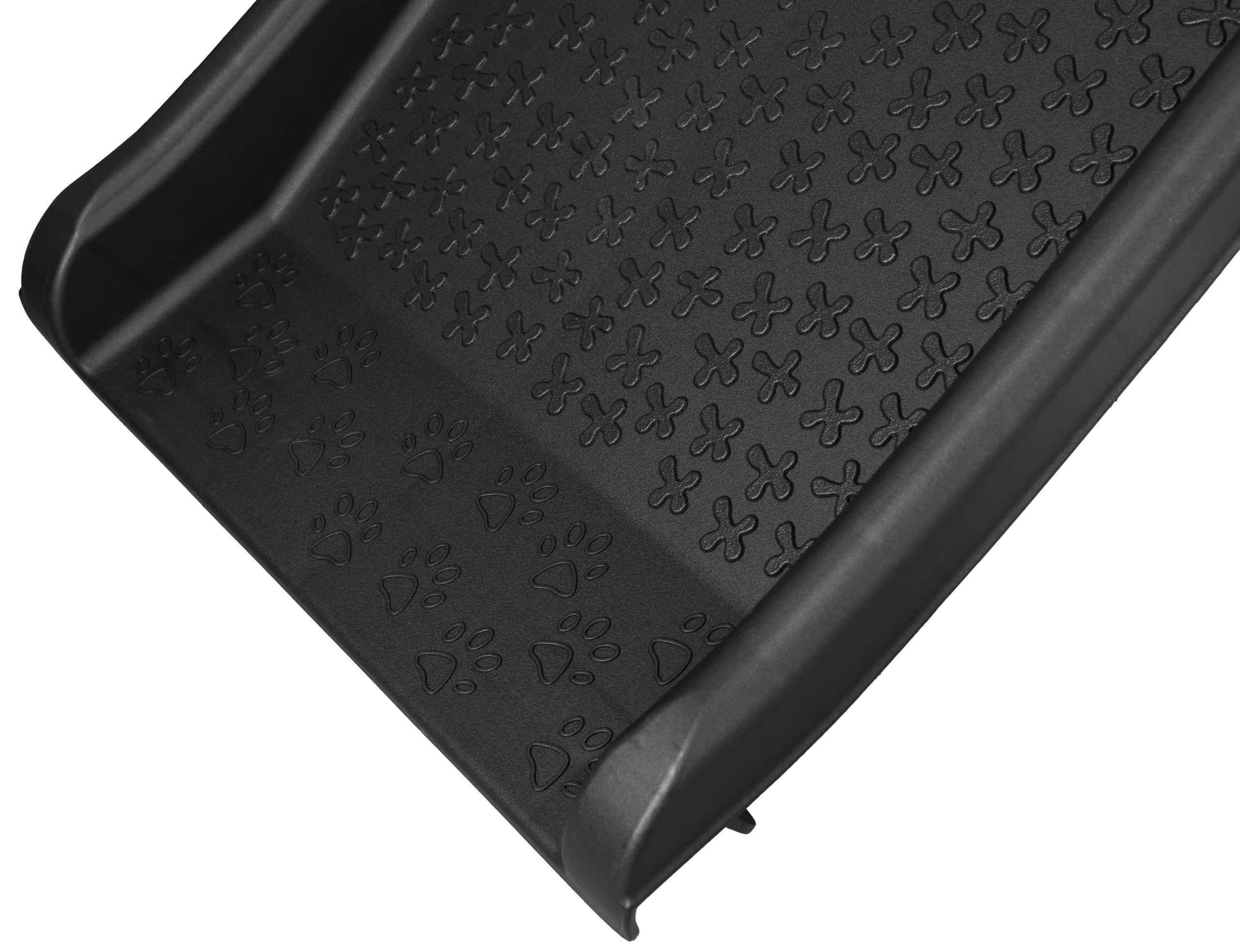 rubber tray, nonstick surface, pet paw prints, carpeted mat, tray edge