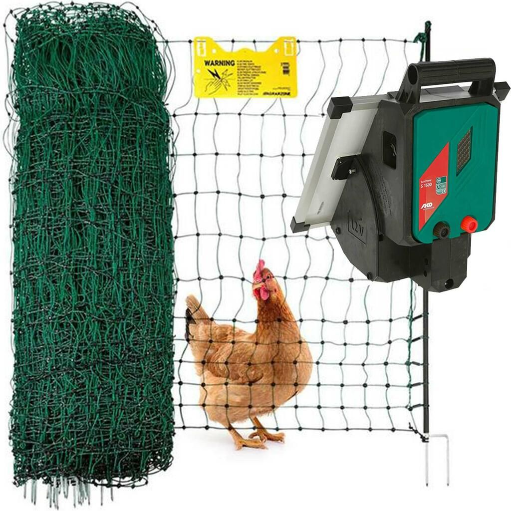 Agrarzone Geflügelzaun Set Sun Power S1500 SOLAR 12V, 2,3J, Netz 50m x 112cm, grün