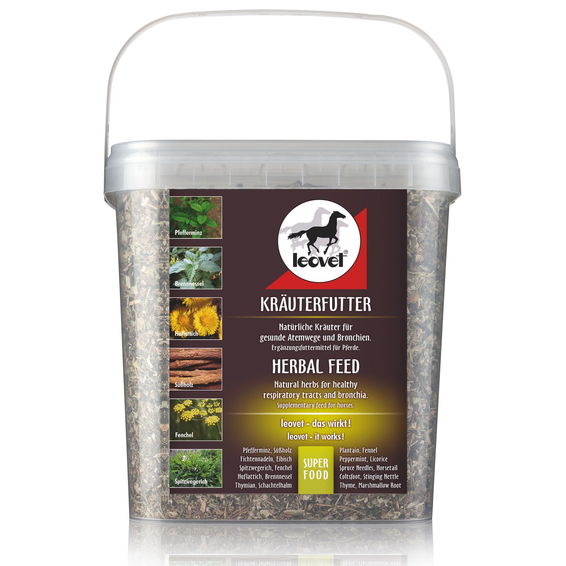 Kräuterfutter, Pferdefutter, natürliche Kräuter, Eimerverpackung, Pferdepflege