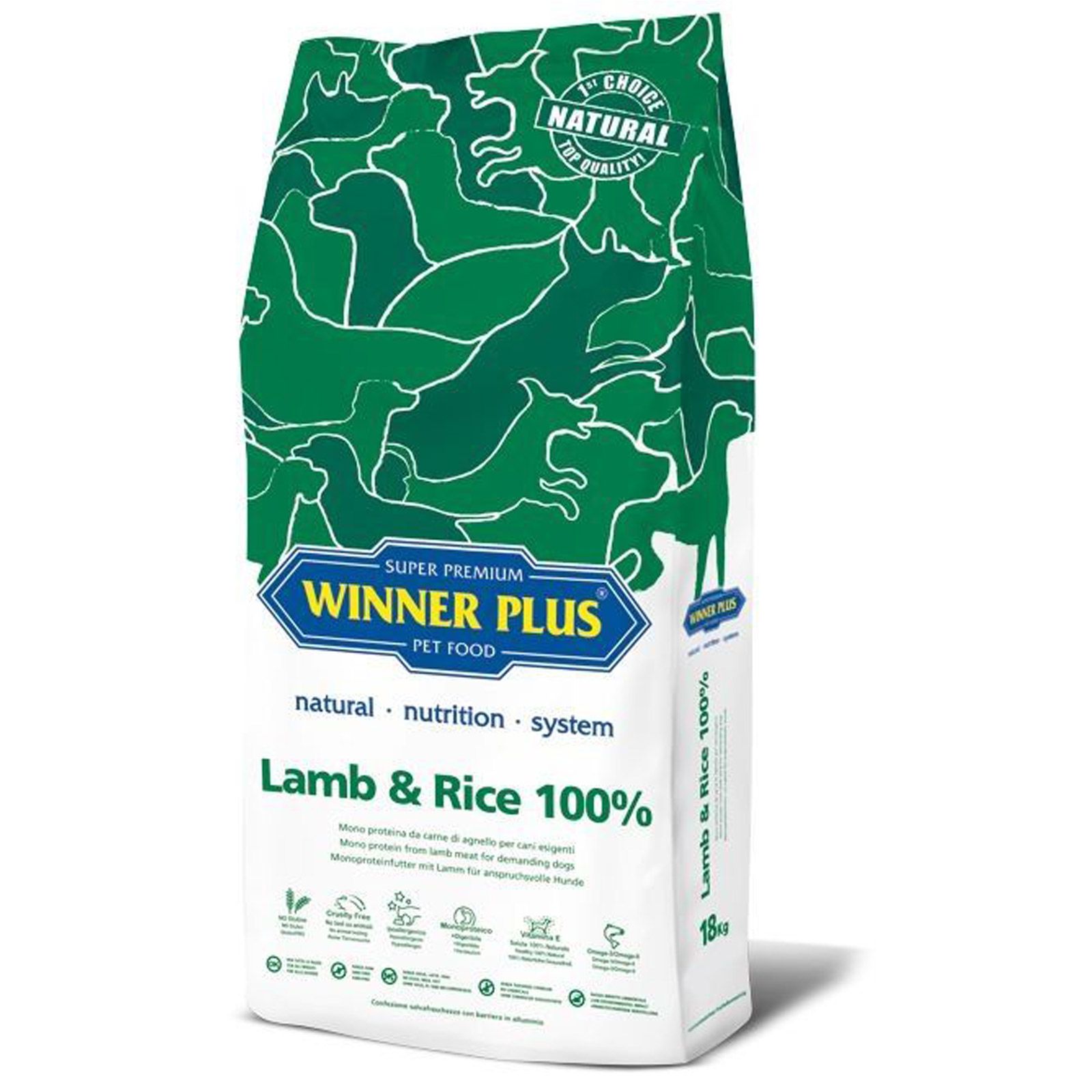 Grön-vit säck med hundmotiv, Winner Plus, Lamb & Rice 100%