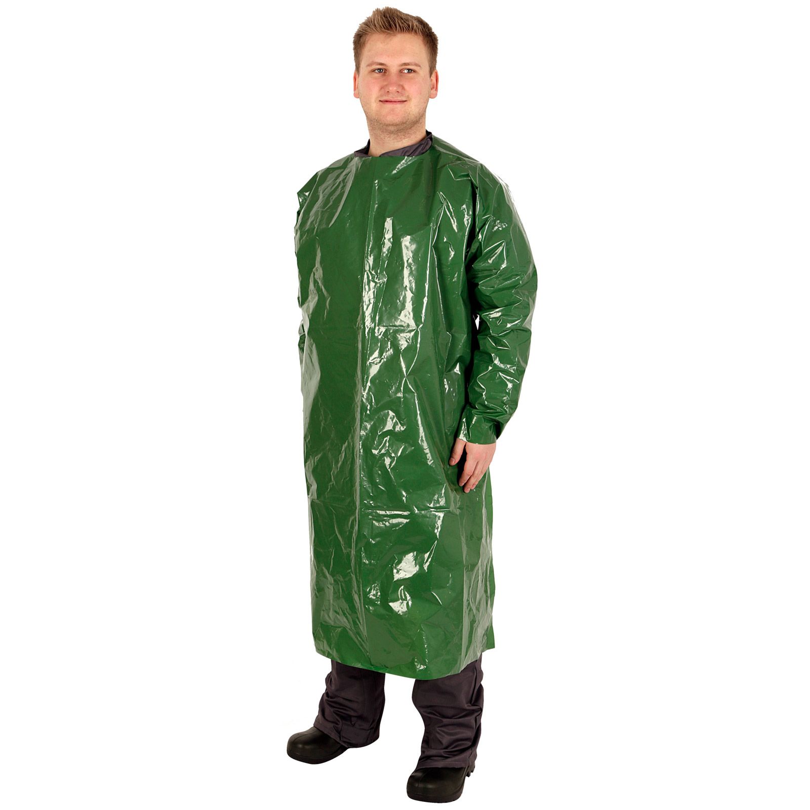 Grembiule chimico a manica lunga Kerbl, verde, con chiusura a velcro, in uso