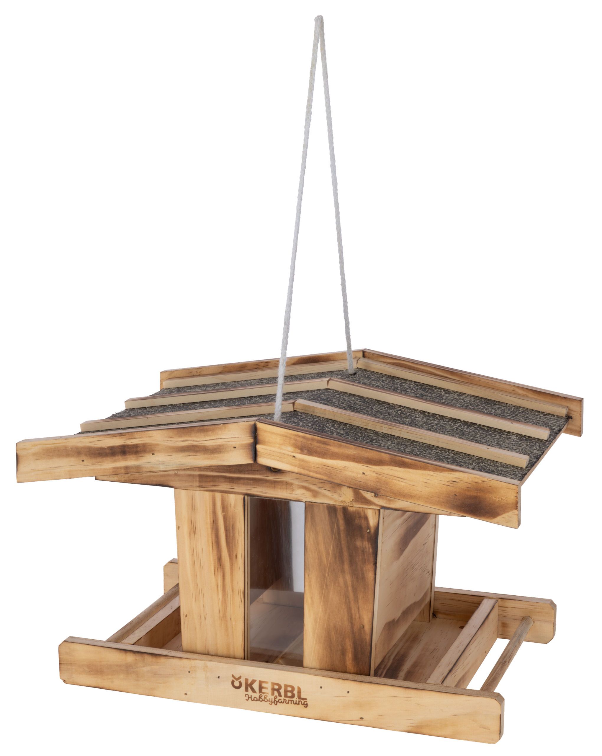 wooden, bird feeder, hanging, roof, slat roof