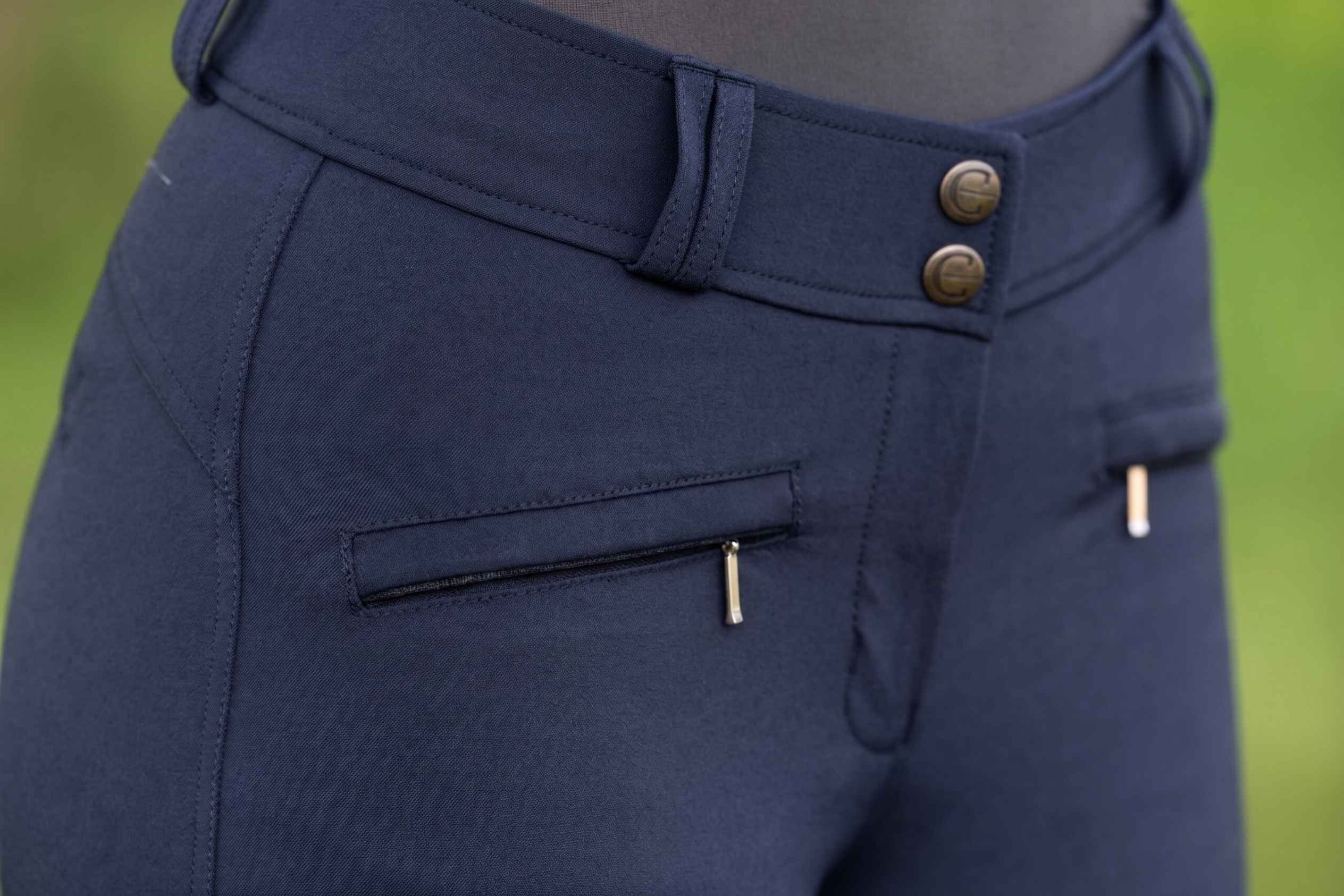 pants, navy, slacks, zipper pocket, buttoned waist