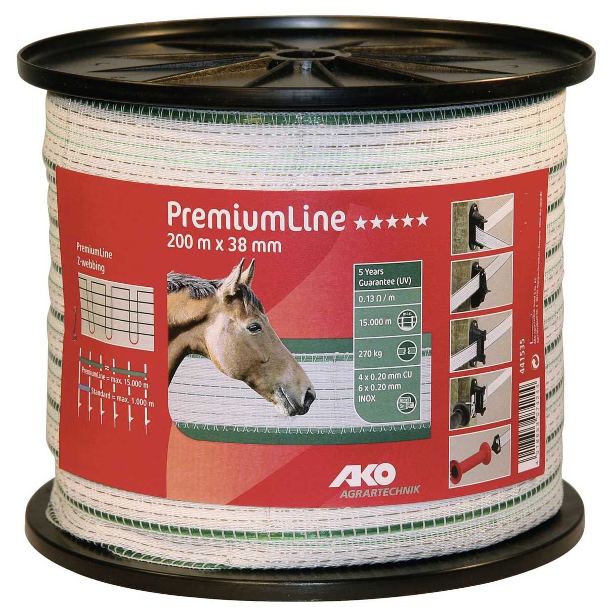 Ruban de clôture AKO PremiumLine 200 m 38mm, 6x0.20 Niro + 4x0.20 cuivre blanc/vert