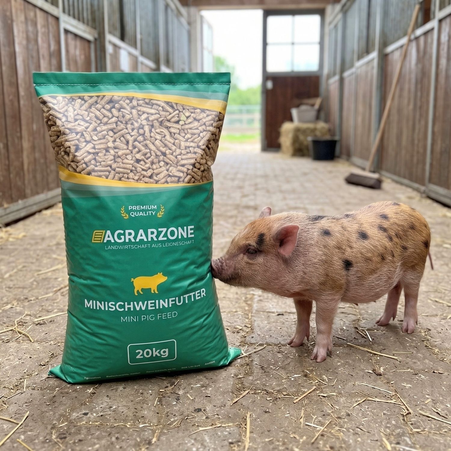Furajul Agrarzone pentru porci pitici în grajd, lângă un purcel pitic curios