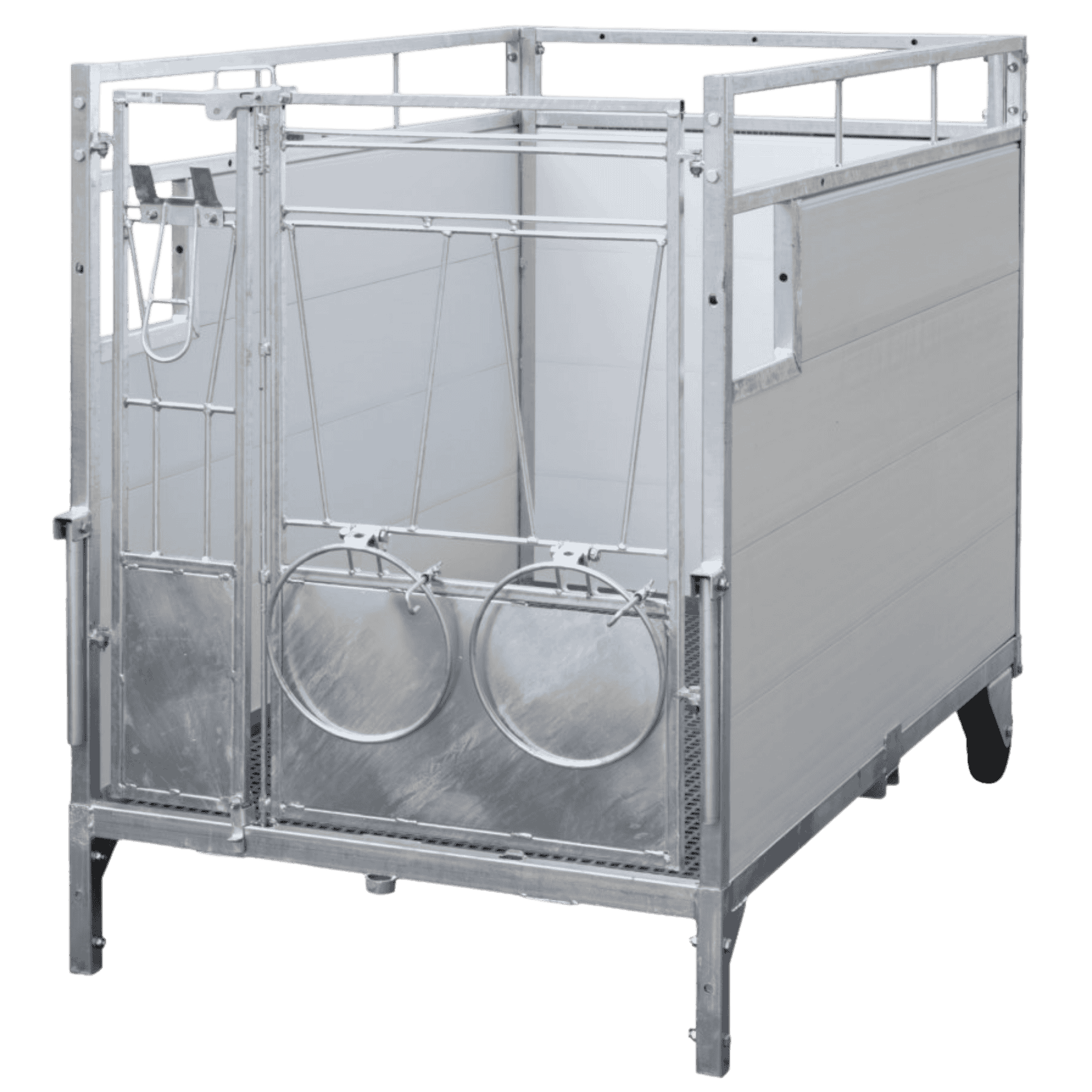 cow stall, metal frame, water trough, stalls rails, galvanized steel