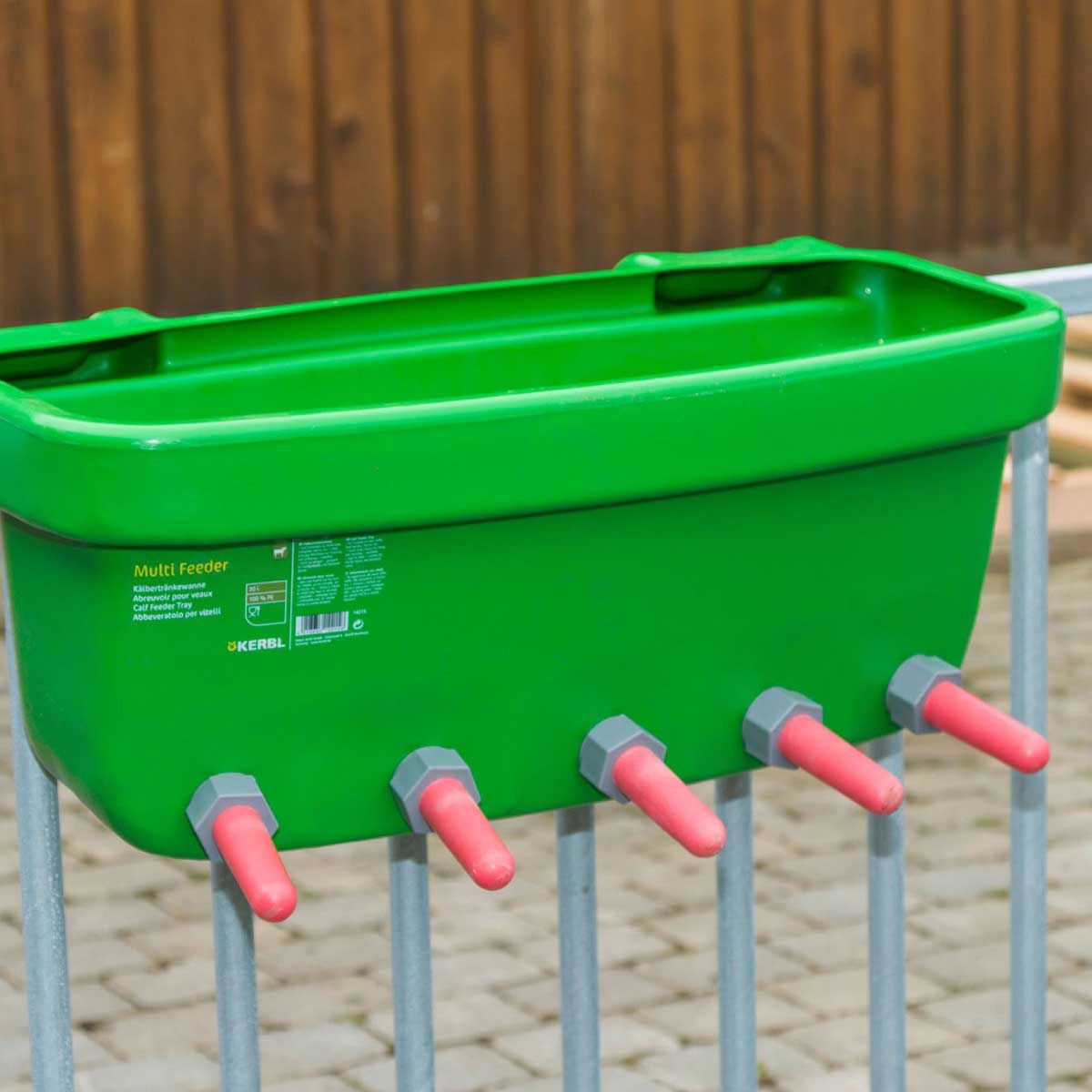Calf Feeder Tray Multi Feeder with Valve 149 and Super Teat 147, in use, in the stable