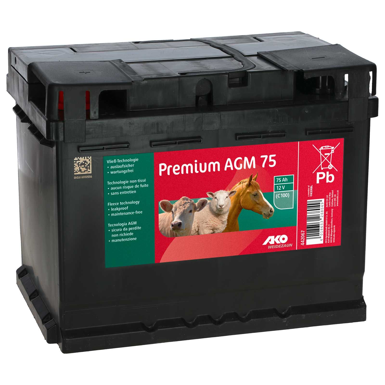 AKO AGM Premium Akku Weidezaunbatterie 12V 75Ah, wartungsfrei & auslaufsicher, Vorderansicht