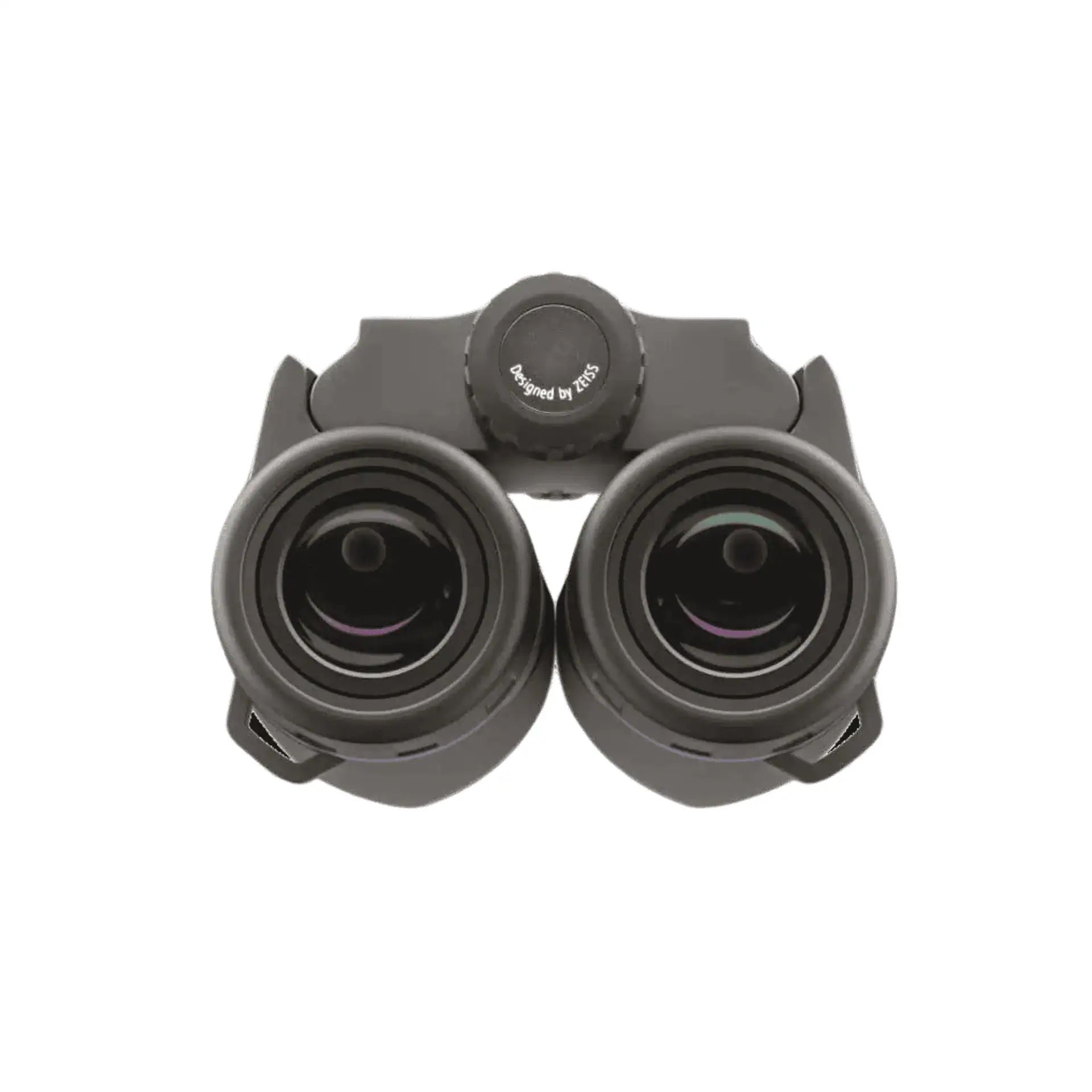 Front view of both eyepieces of a black binocular with focus wheel