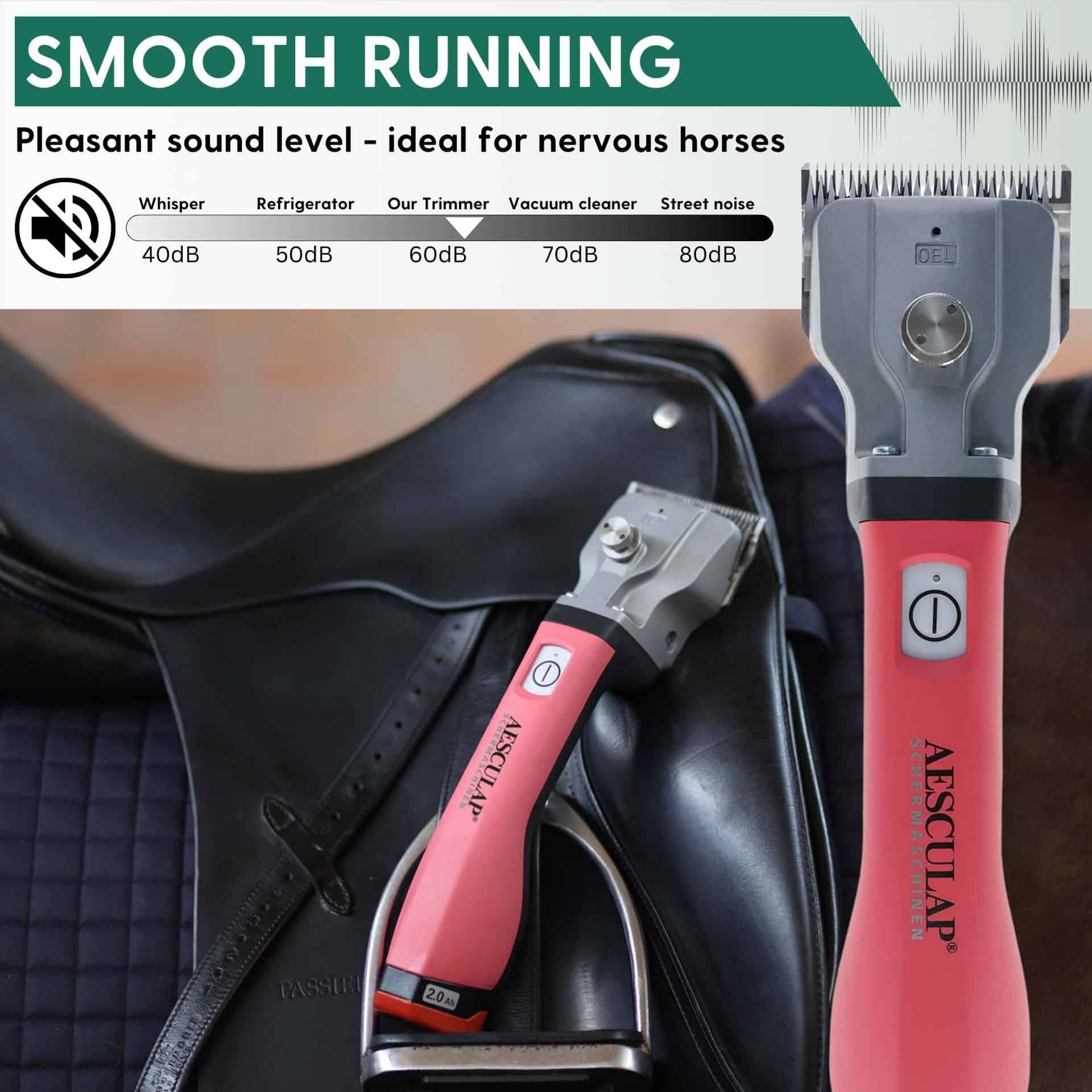 Aesculap Bonum Cordless Horse Clipper Pink with TORQUI Adjustment Tool, infographic