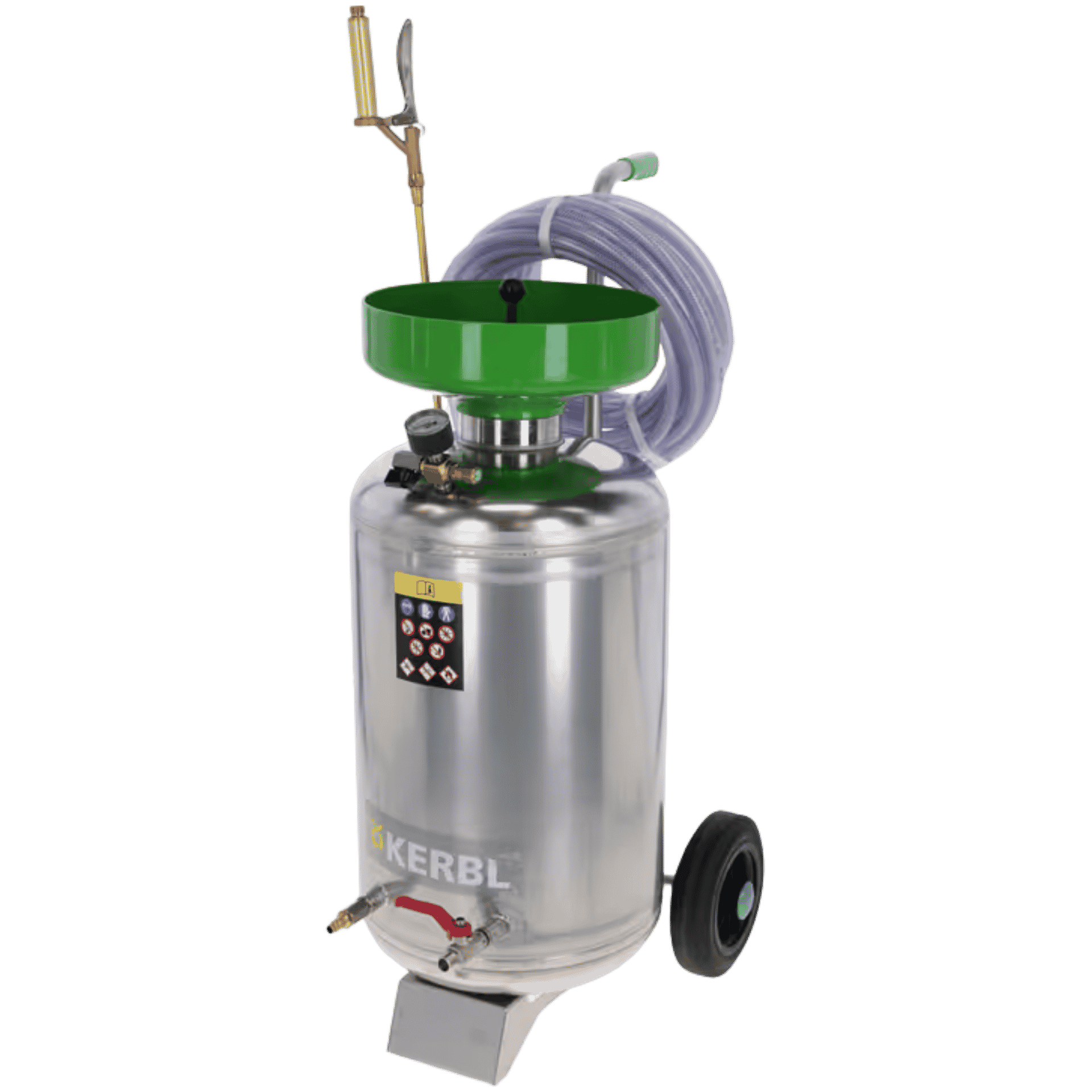 Gasflasche, Propankessel, gebundene Sprühmaschine, grüner Trichter, Schlauchrolle