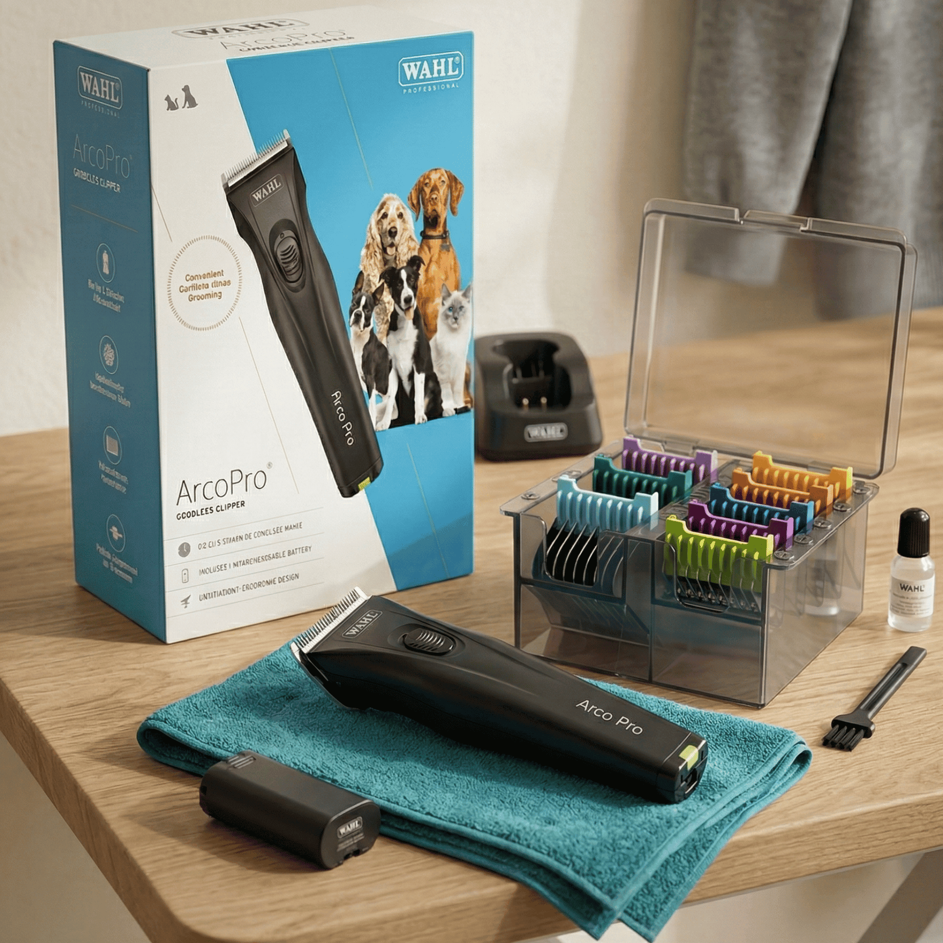 Wahl Arco Pro Schermaschine mit Aufsteckkamm-Set, Akku-Trimmer, Lieferumfang