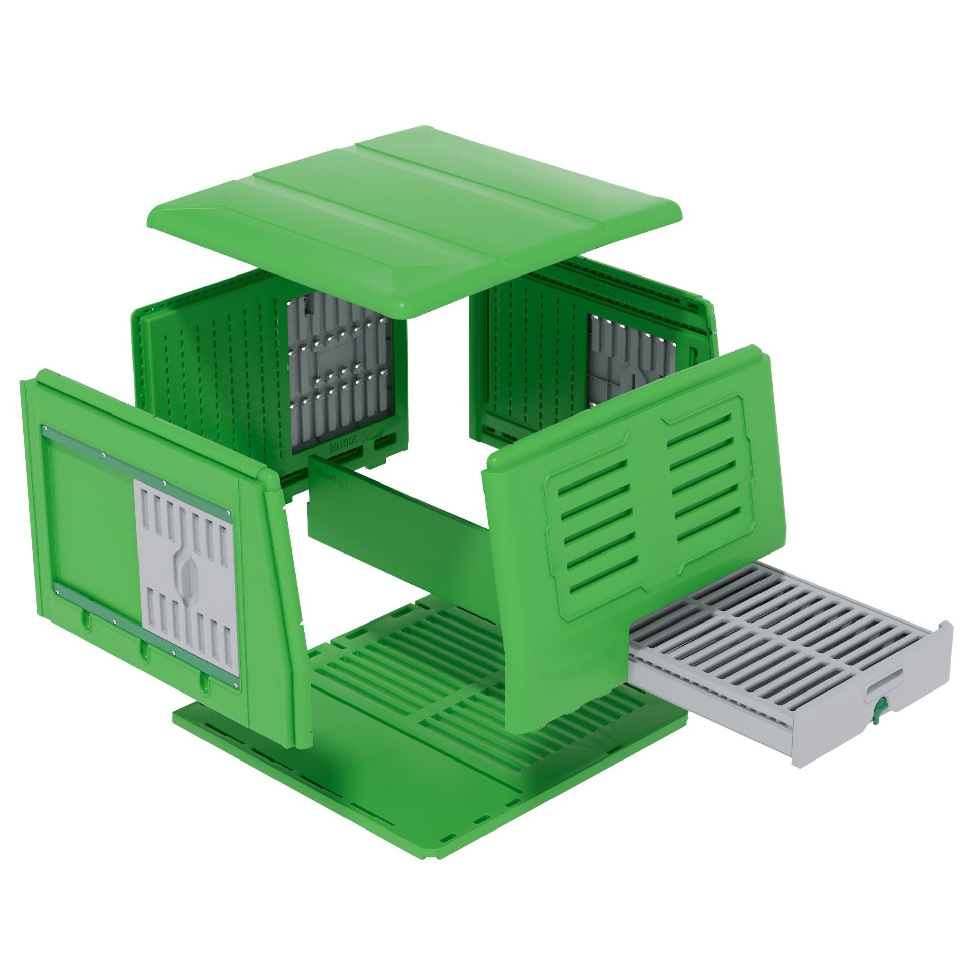 Carcasă verde din plastic cu mai multe compartimente și un sertar deschis