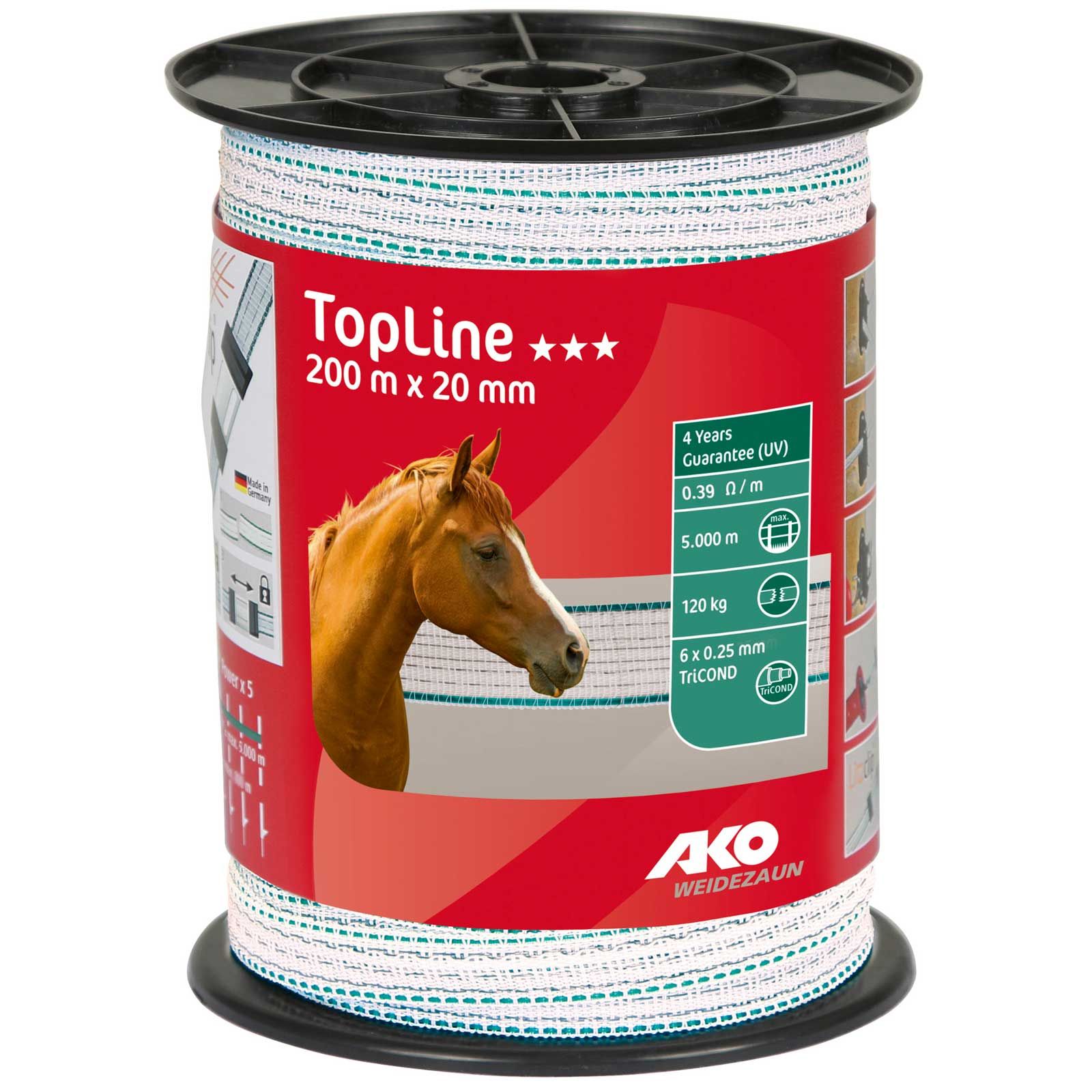 Ako TopLine TriCOND Pasture Fence Tape 20mm, 6x0.25, white-petrol, 200m, packaging