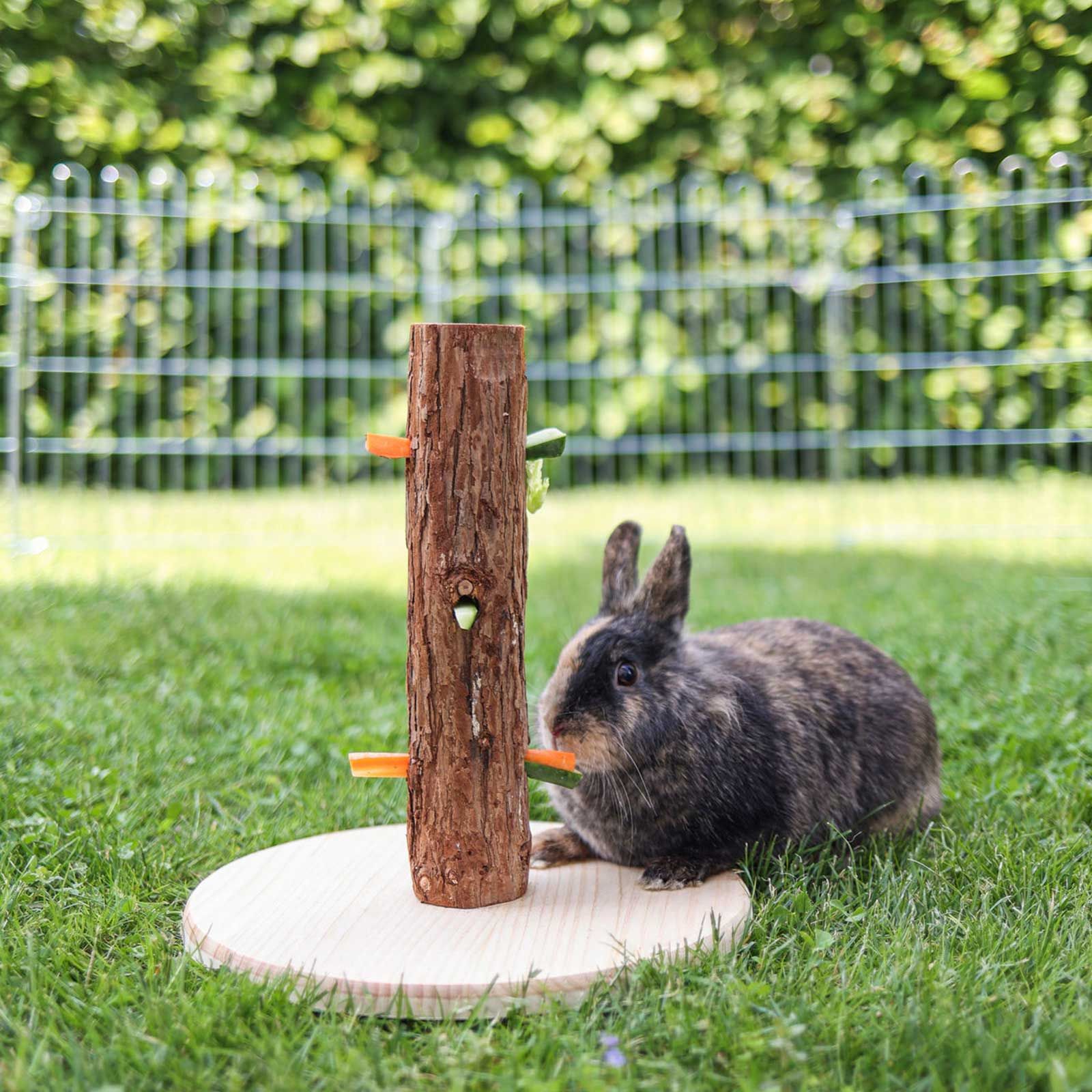 Kerbl Futterbaum NATURE für Kaninchen, Höhe 30 cm, mit 3 Löchern zum Befüllen, im Einsatz