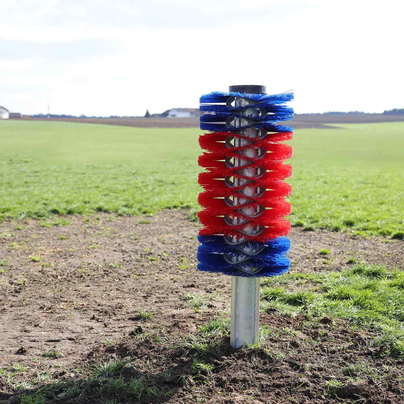 Brosse à vache sur poteau HAPPYCOW Maxi pour bovins et chevaux, en utilisation, au pré