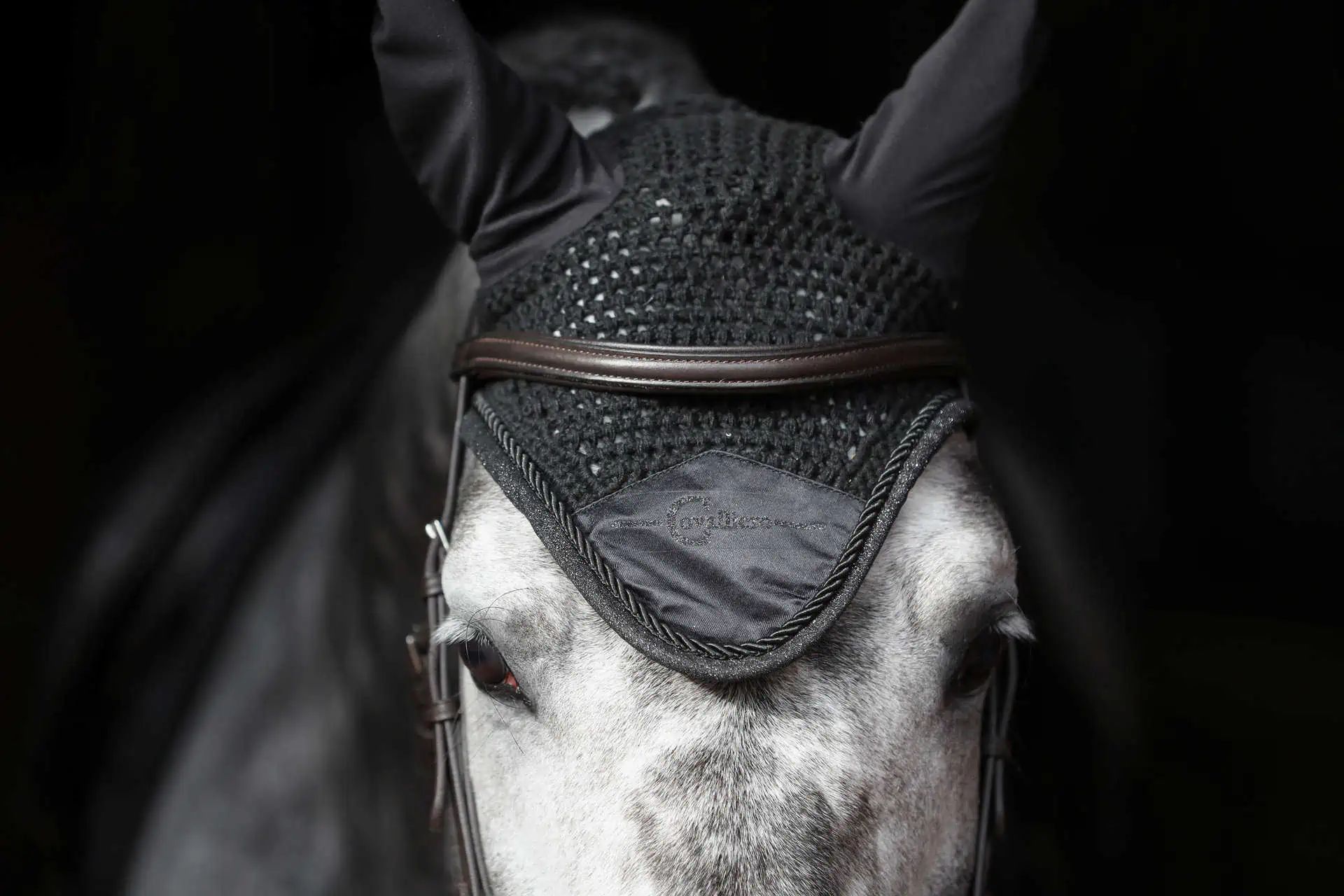 Bonnet anti-mouches Covalliero Empara, crocheté, Cob/Full, en utilisation