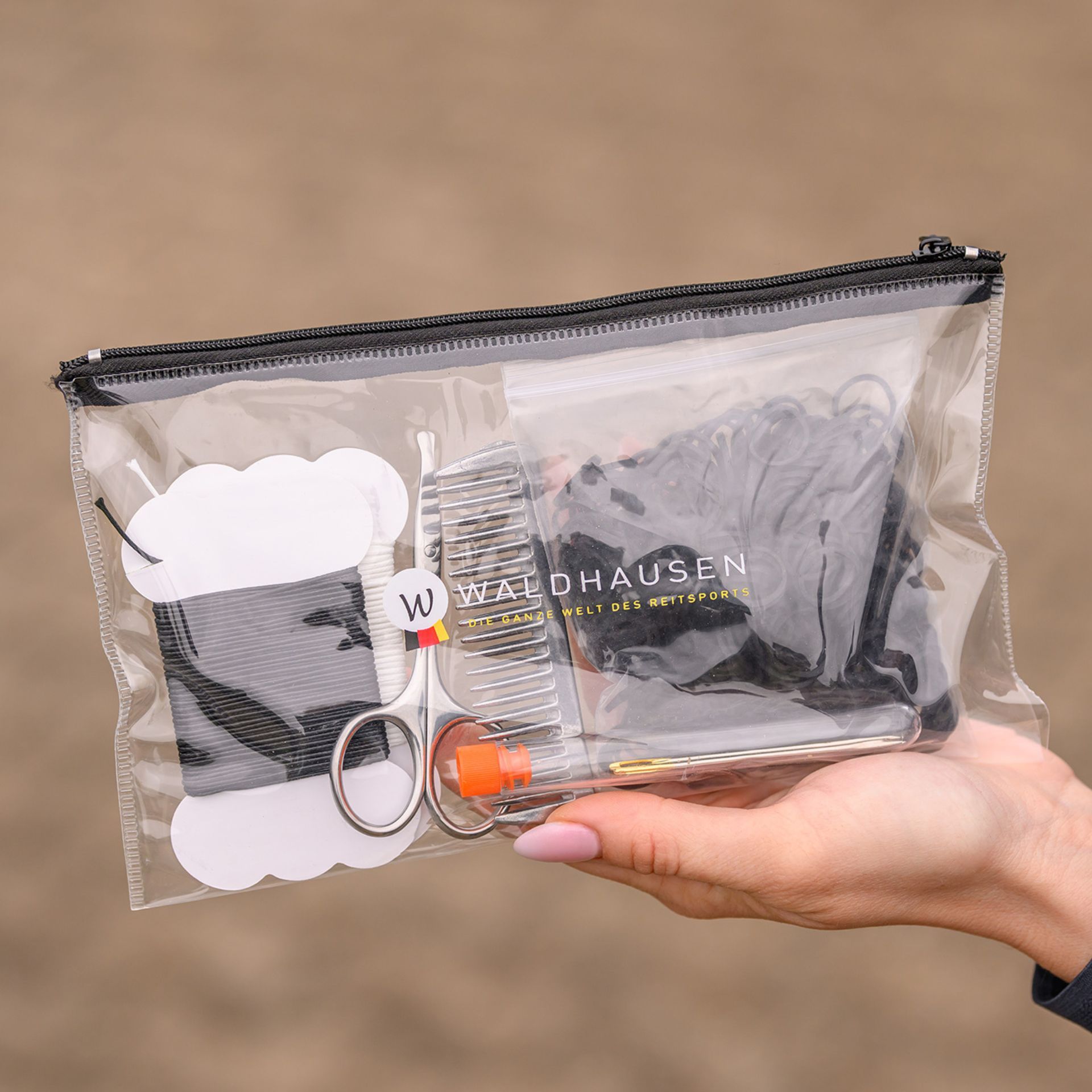 Schere, Kamm, Bürste, Reißverschluss-Tasche, Set