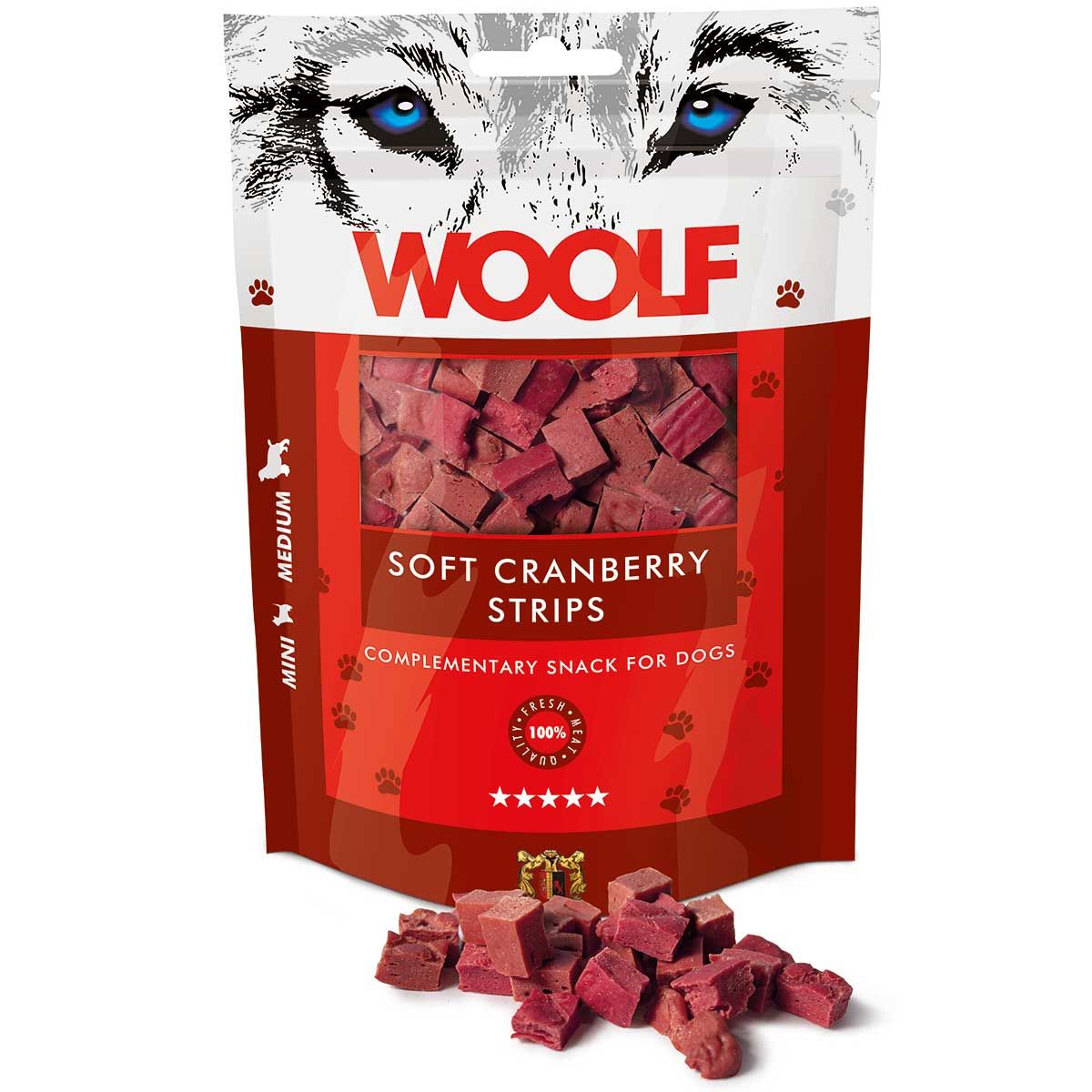 Woolf friandise pour chiens lamelles douces de cranberry, emballage