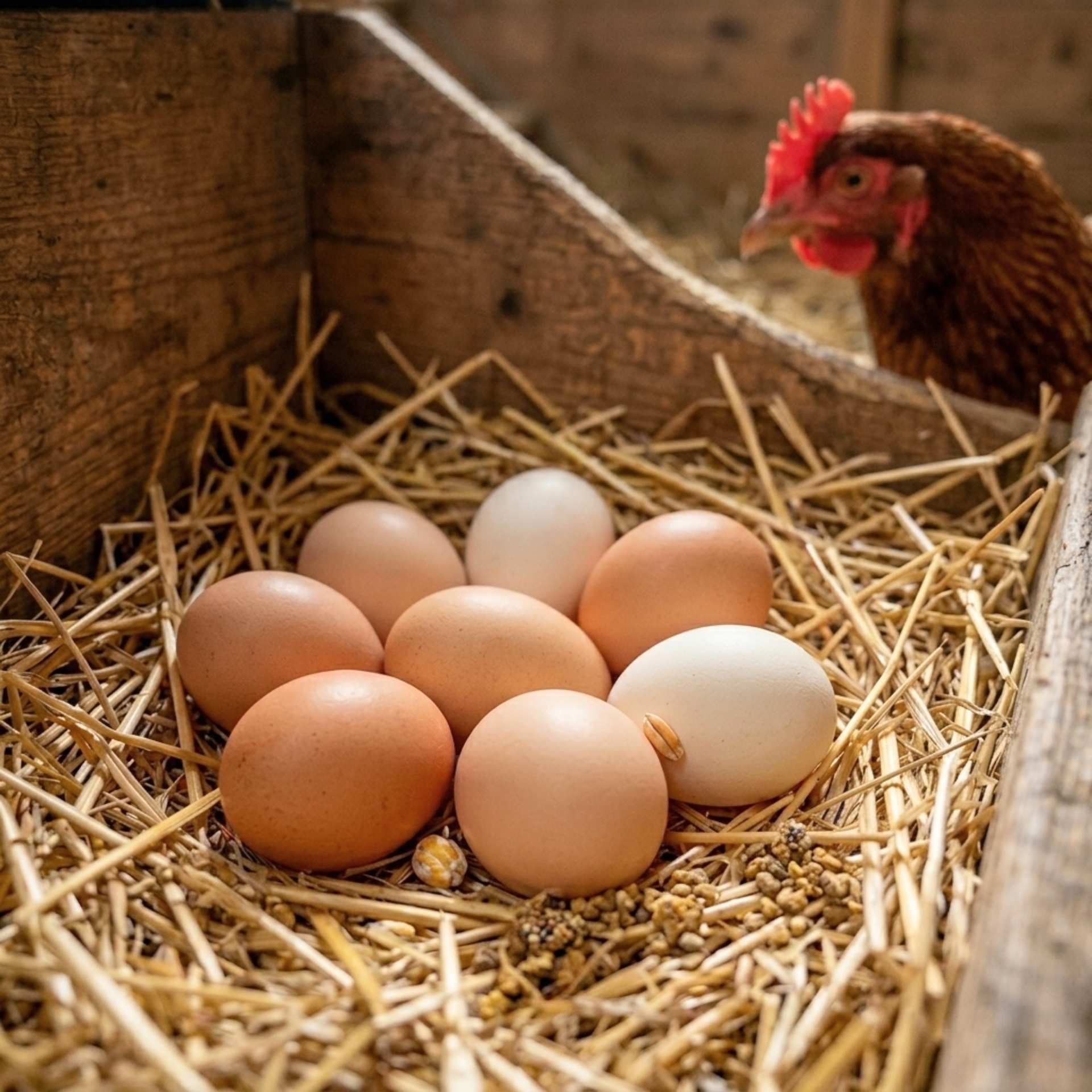 eggs, brown eggs, white eggs, hen, nesting, straw, farm fresh eggs, chicken coop, egg carton not present, fertile eggs