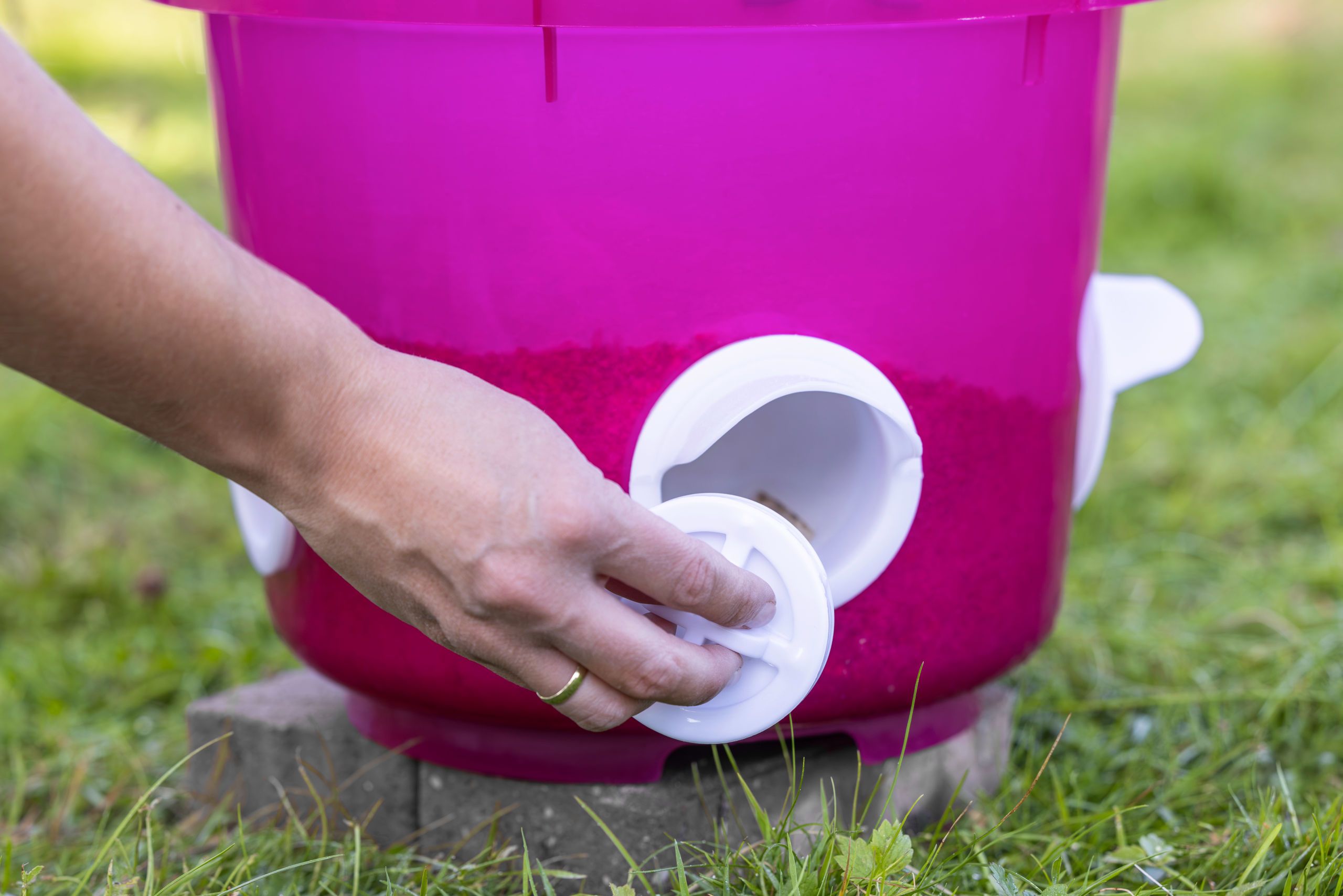 pink, bucket, container, lid, outdoor