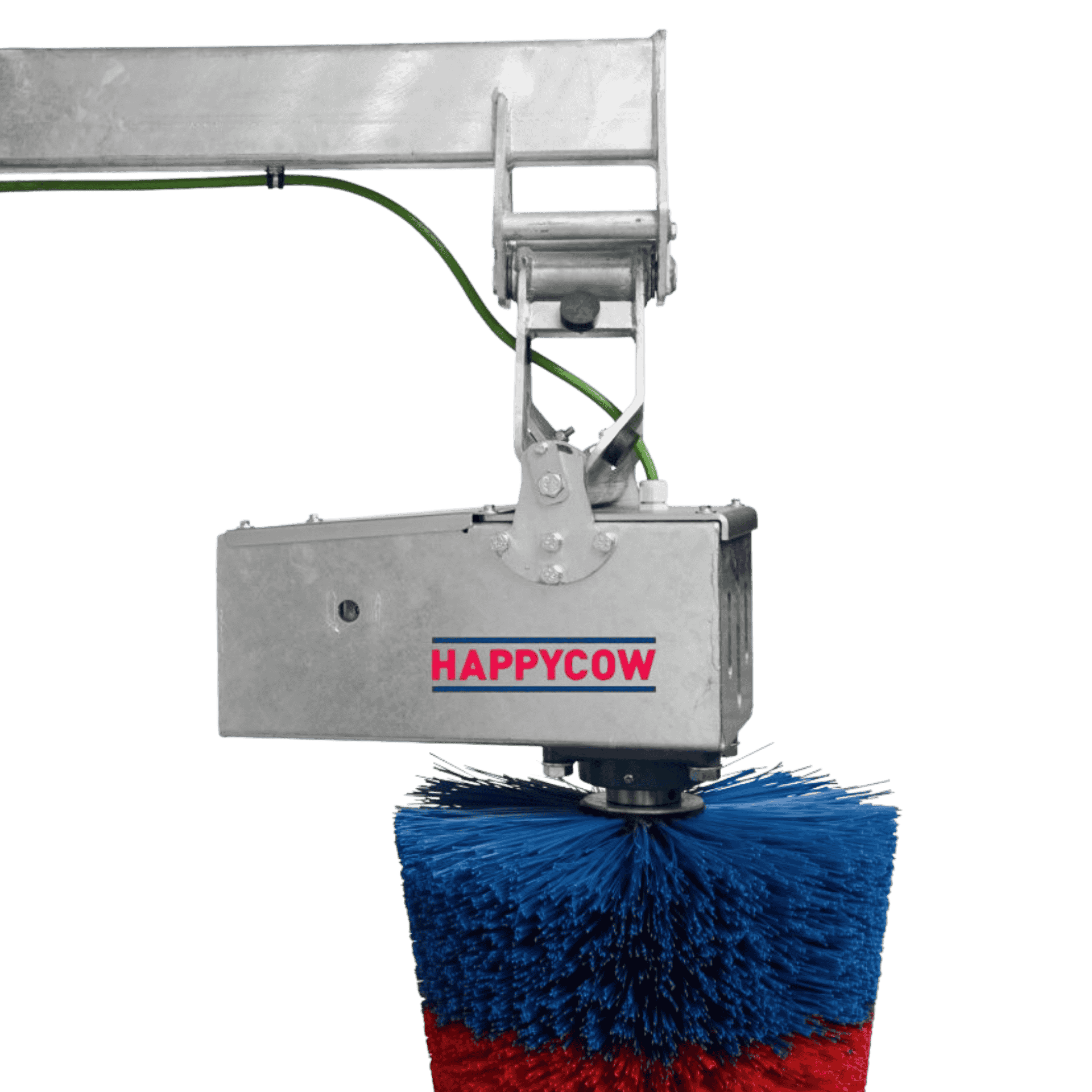 industrial machine, brush head, blue bristles, red bristles, HappyCow label