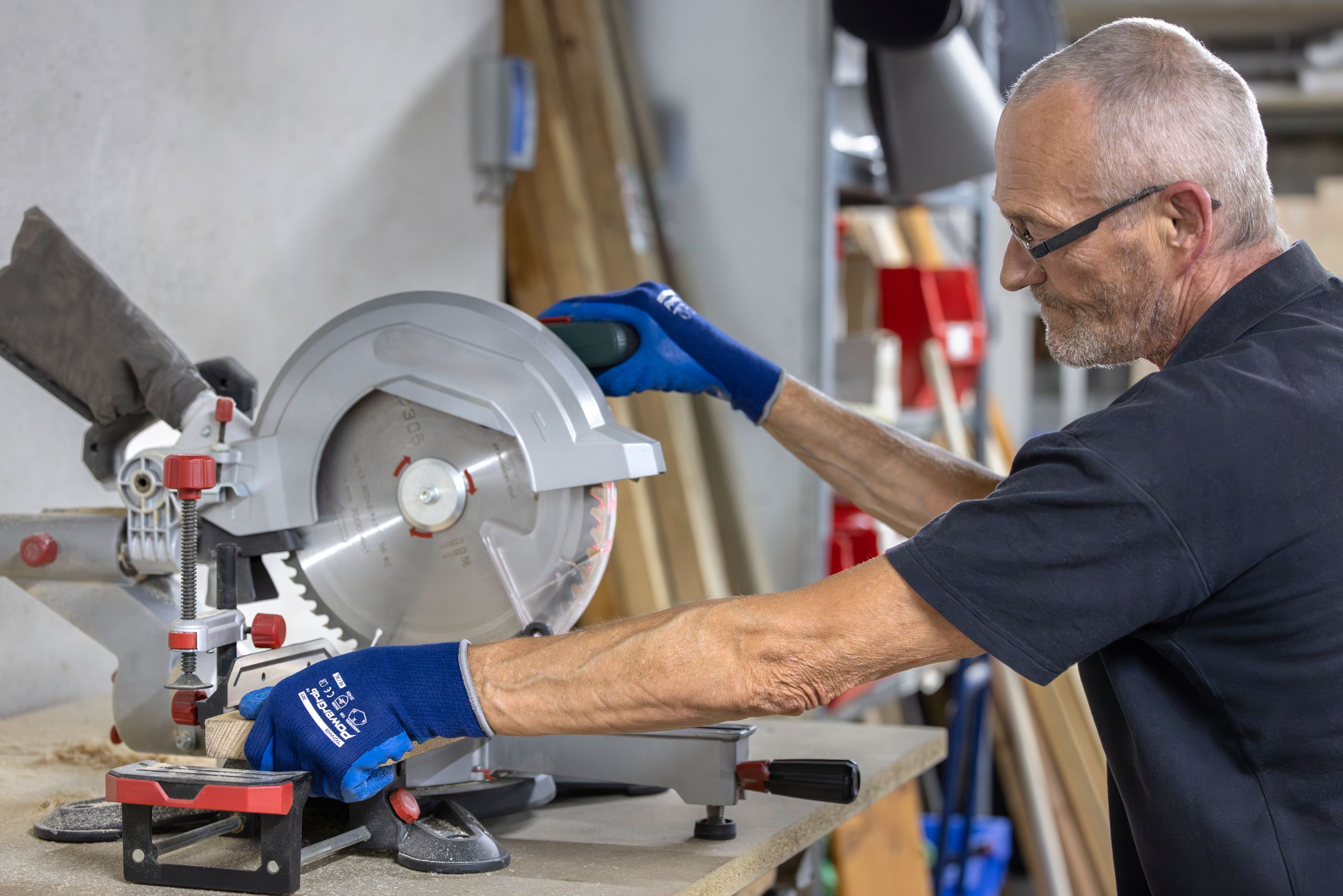 miter saw, sliding saw, cutter, metal/wood workshop, gloves