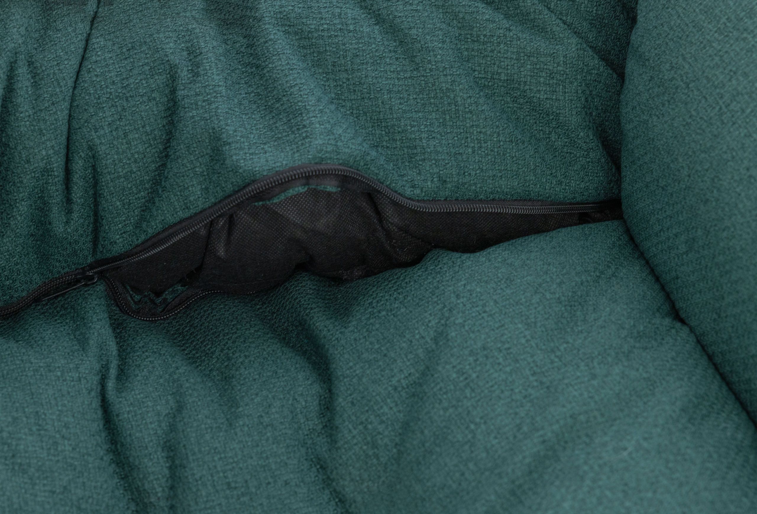 zipper, lined fabric, green, folded, pocketless