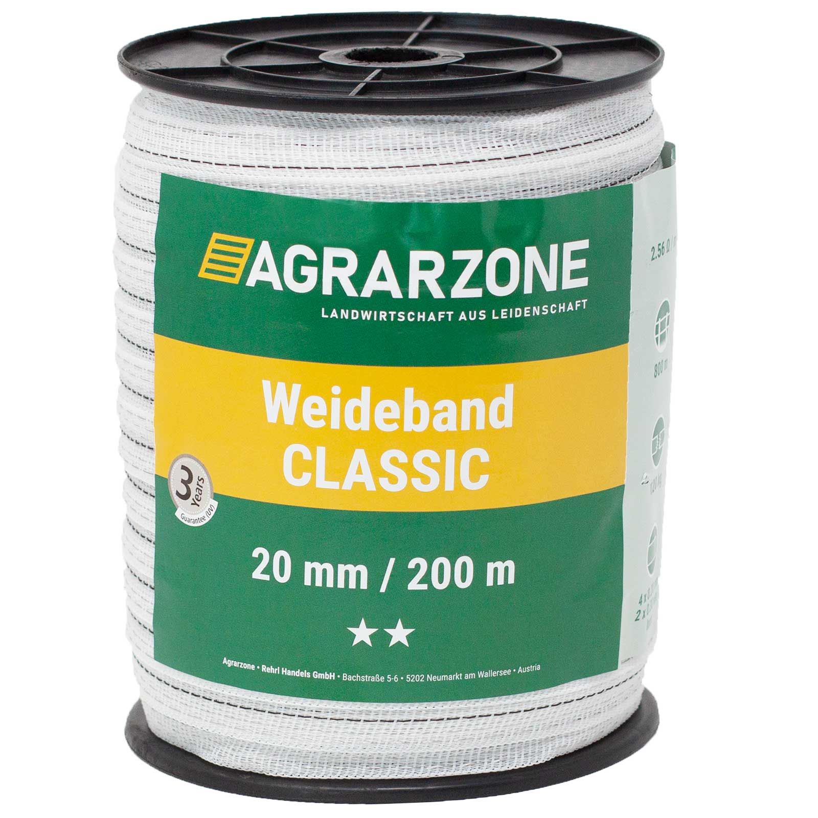 Ruban de clôture électrique Agrarzone CLASSIC 0,20 + 0,30 acier inox, blanc 1000 m x 20 mm