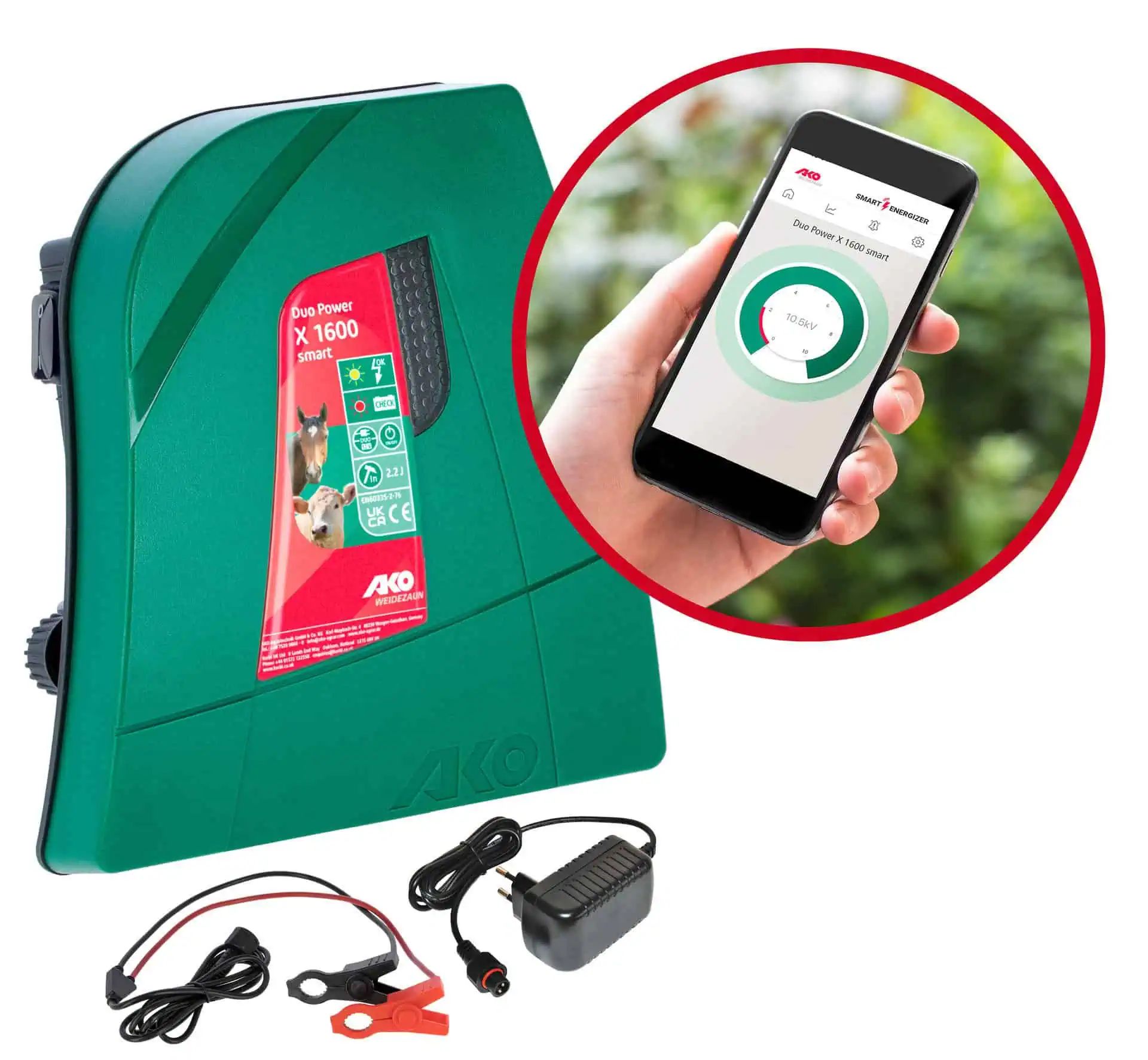 AKO Duo Power X1600 Smart Weidezaungerät mit App-Steuerung, Lieferumfang