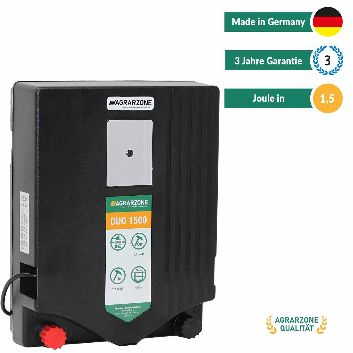 Agrarzone DUO 1500 generator impulsuri gard electric 230V / 12V, 2 Joule, infografic