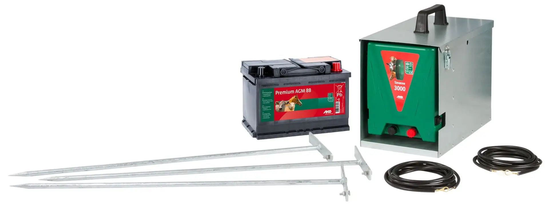 AKO Savanne 3000 set de pornire aparat gard electric, 12V, conținutul pachetului