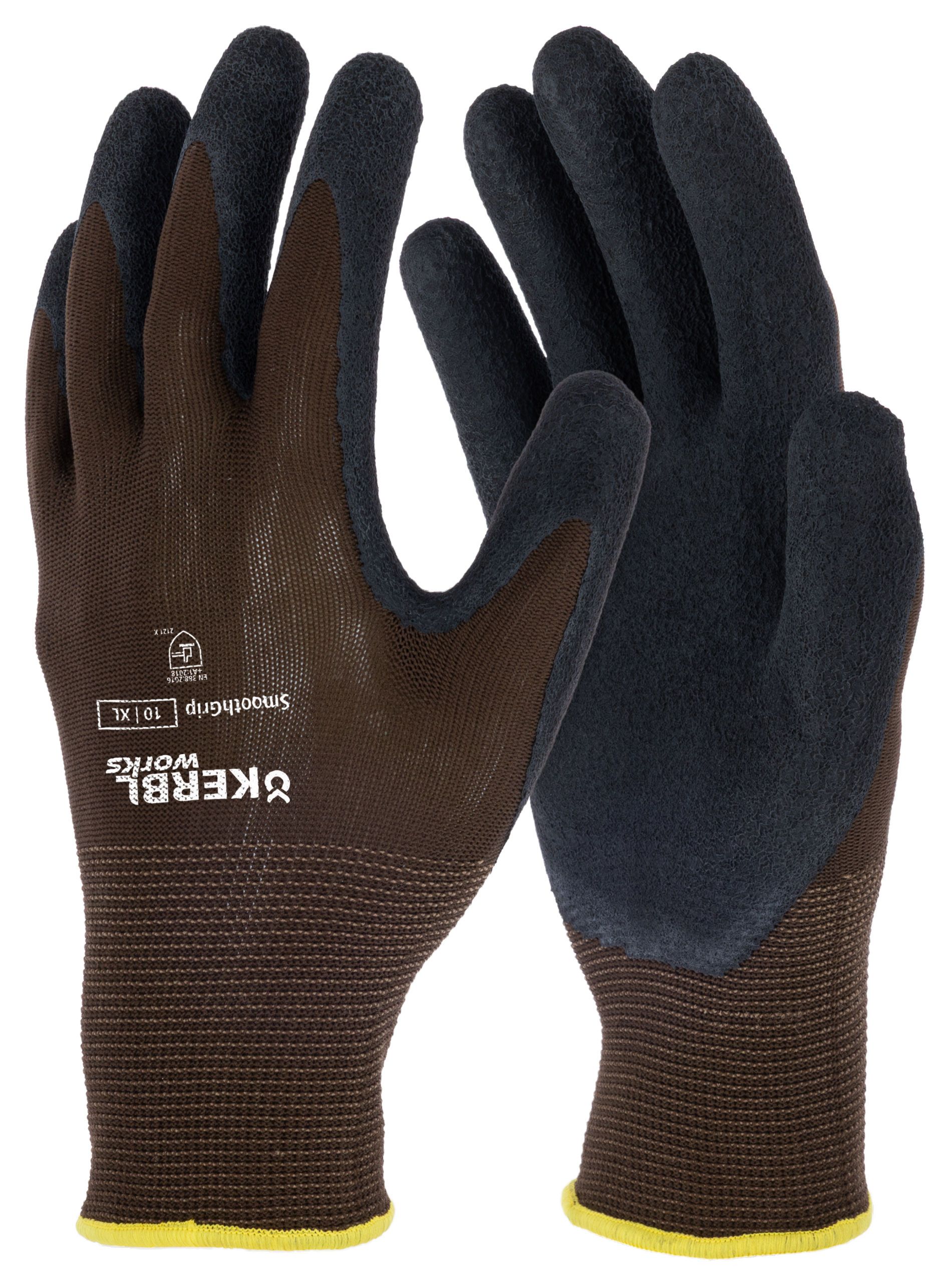 gloves, work gloves, brown, nylon knit, coated, two-tone