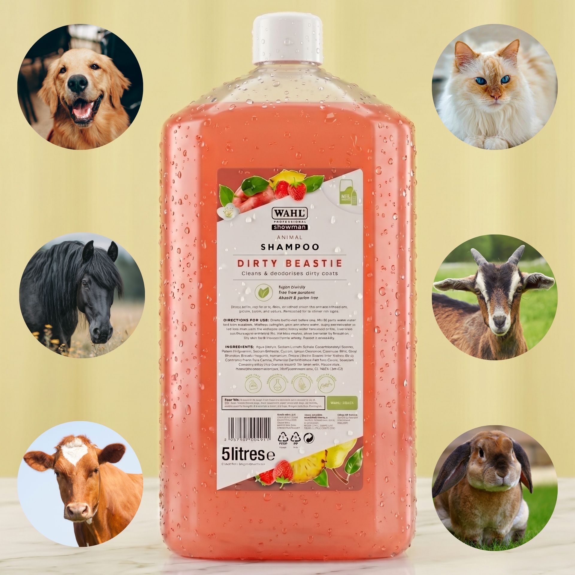 pet shampoo, slimy bottle, orange liquid, 5 litres, label artwork