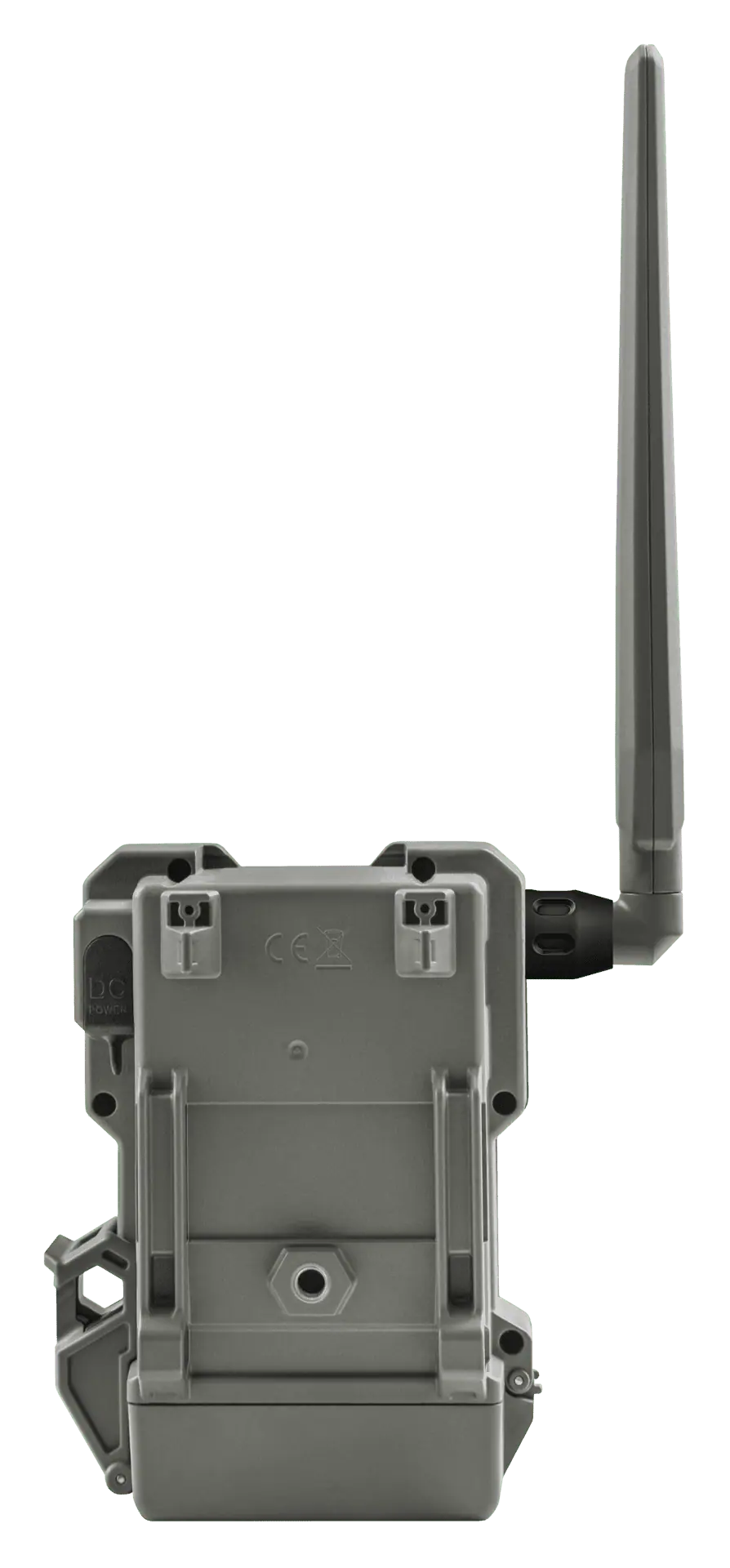 Graue Wildkamera mit langer Antenne, Rückseite mit Verschlussclips und Gewindebohrung