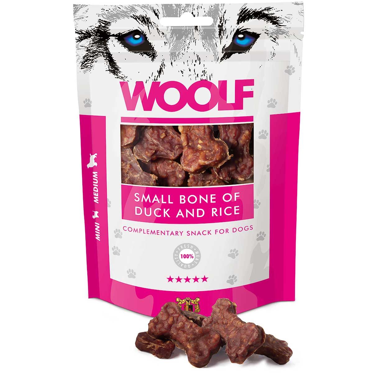 Woolf Dog Treats Small Bones con anatra e riso, confezione