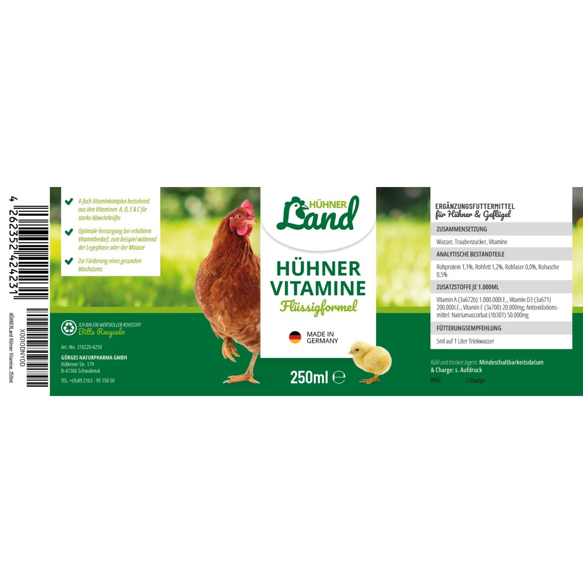 Hühnerland Csirke vitaminok 250 ml, címke