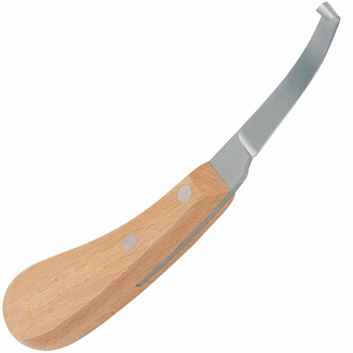 Hufmesser mit gebogener Klinge und Holzgriff