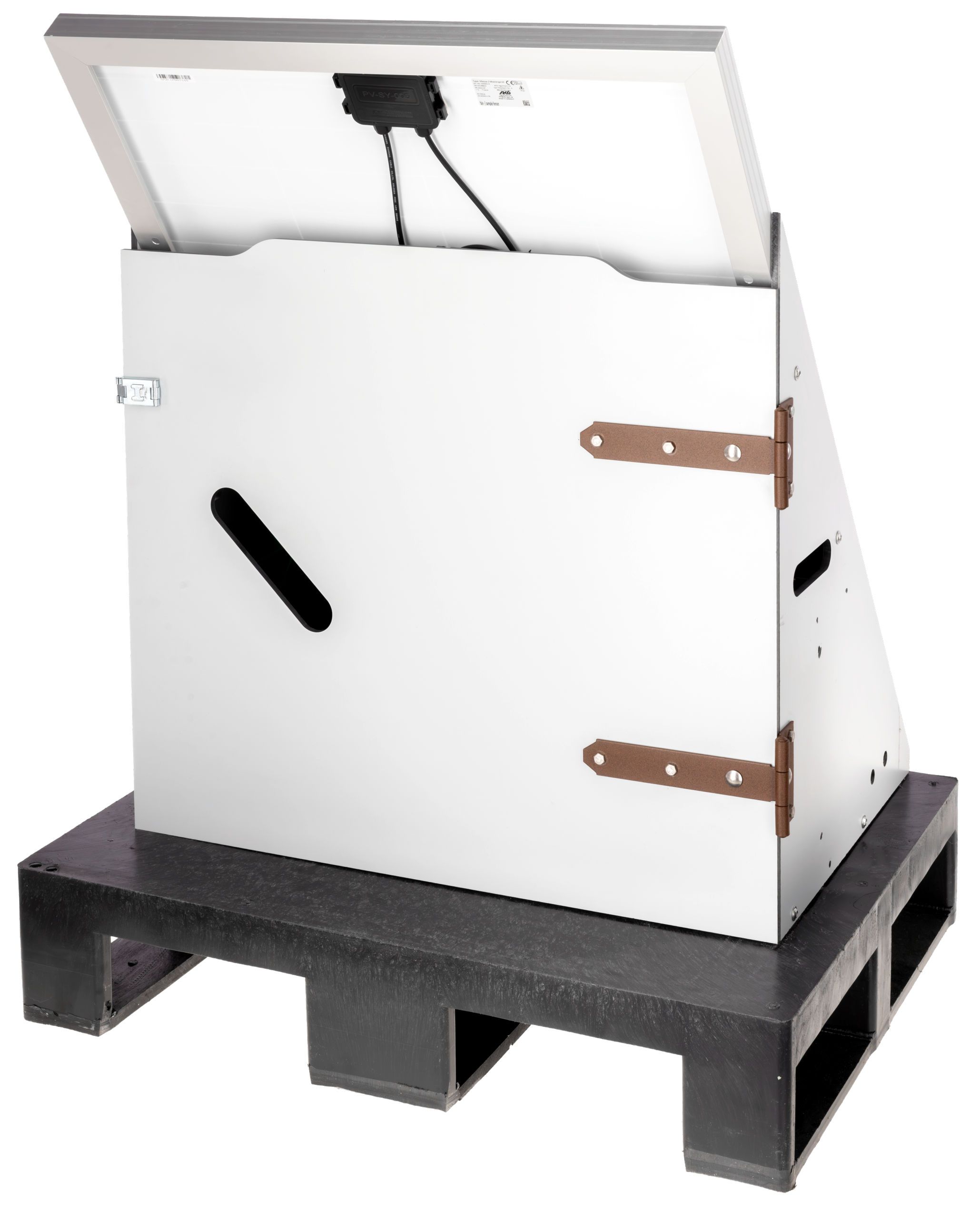 machine housing, metal enclosure, pallete base, cable port, hinges