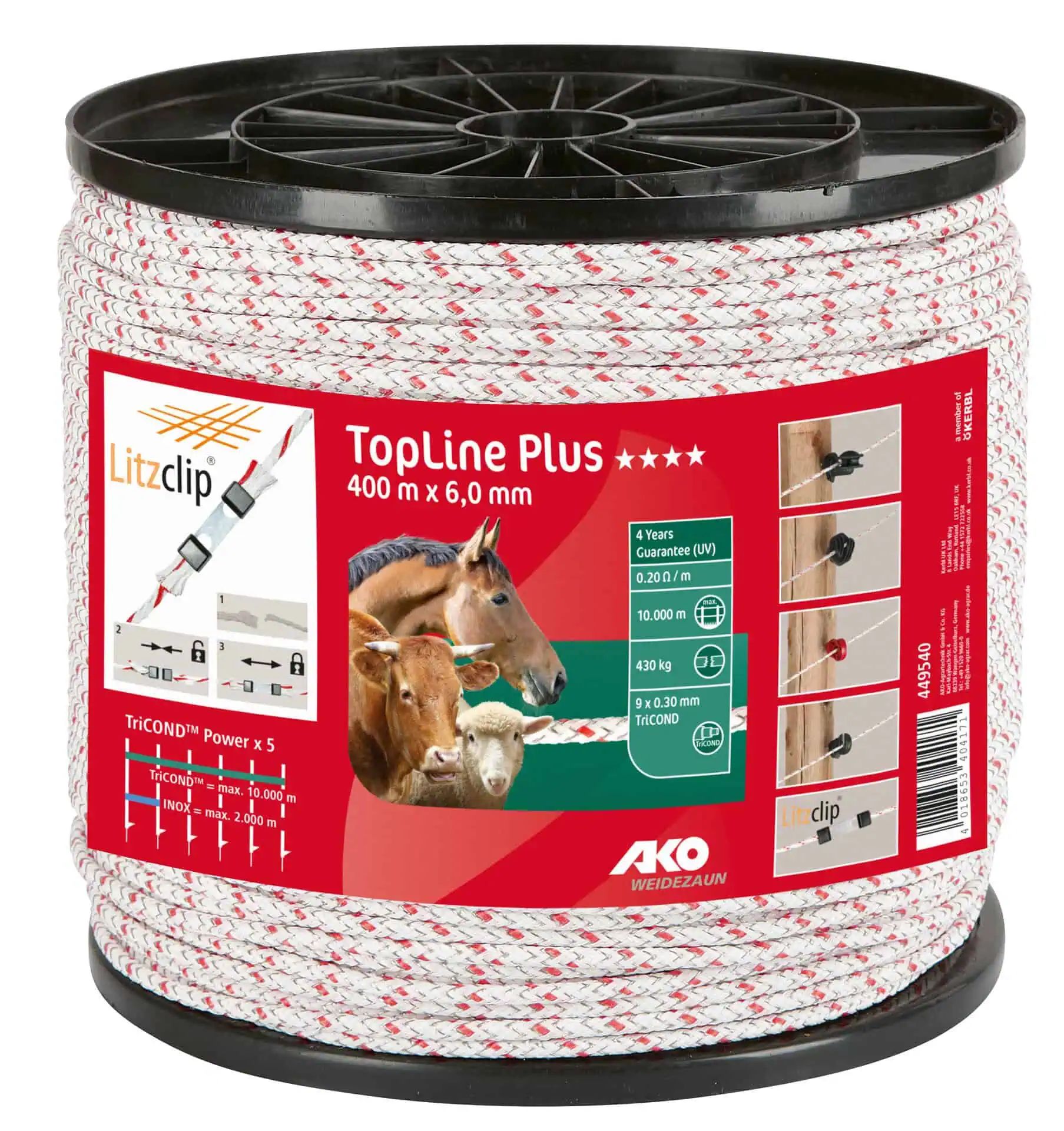 Corde de clôture électrique AKO TopLine Plus 400 m, Ø 5,5 mm TriCOND, blanc-rouge