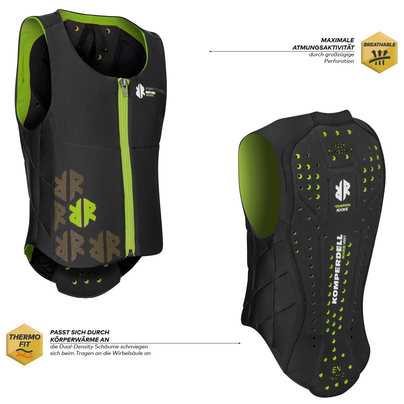 Komperdell Ballistic Vest Junior gyerek gerincvédő mellény, fekete, világoszöld, infografika