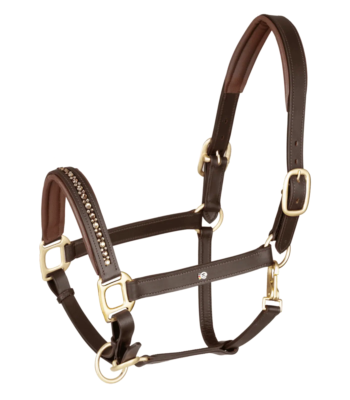 Waldhausen X-Line Licol en cuir Crystal, élégant avec strass, marron/doré Pony