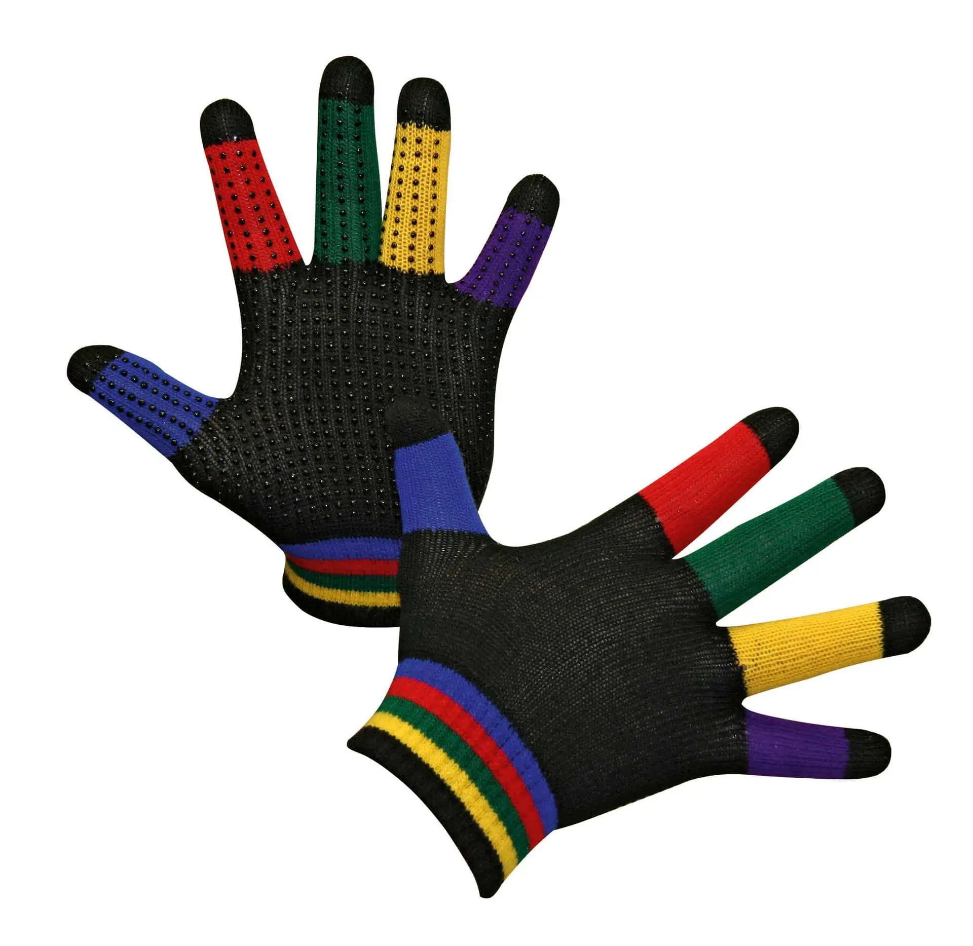 schwarze Strickhandschuhe mit bunten Fingerspitzen und Griffnoppen