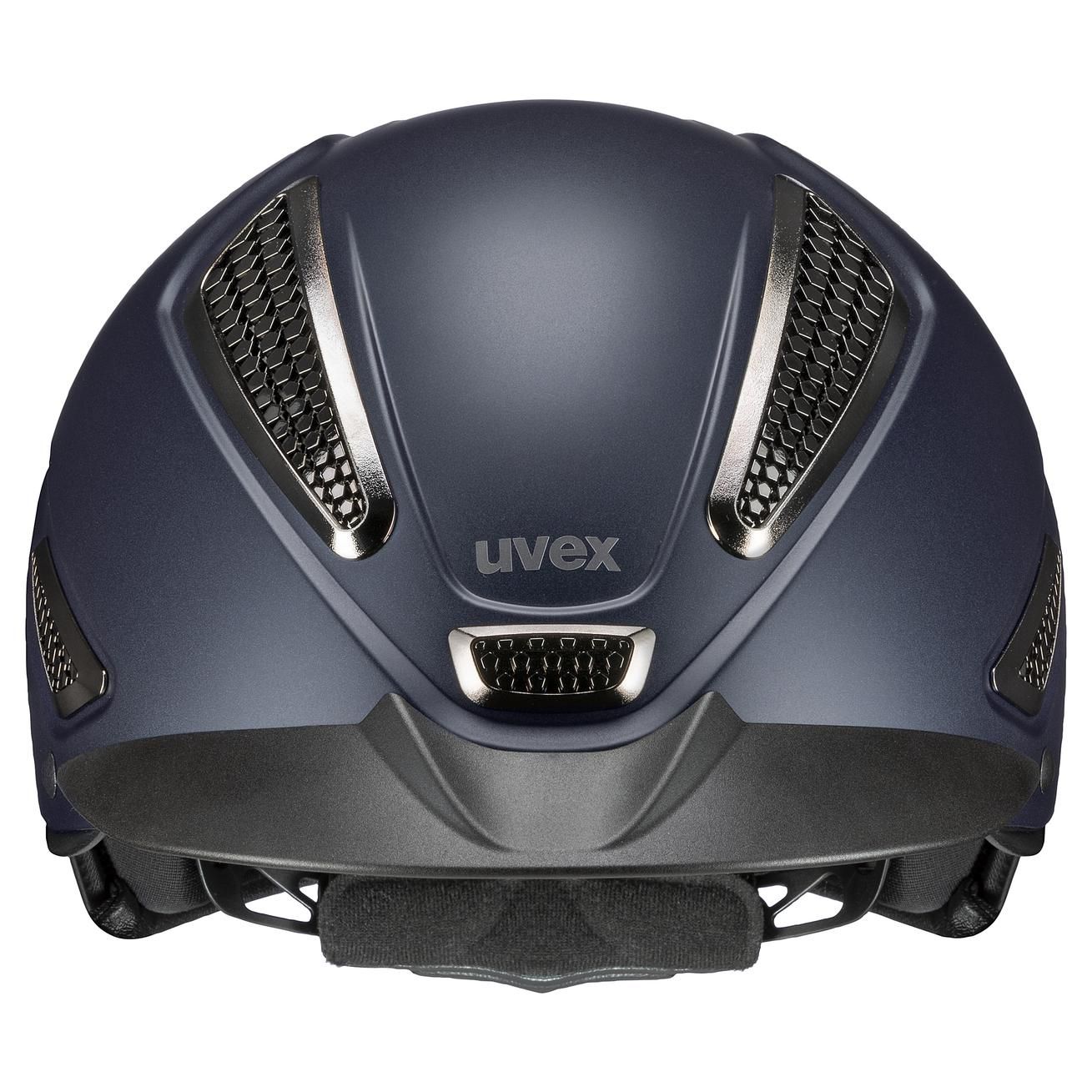 casque d'équitation uvex perfexxion III chrome, bleu marine mat, vue de face