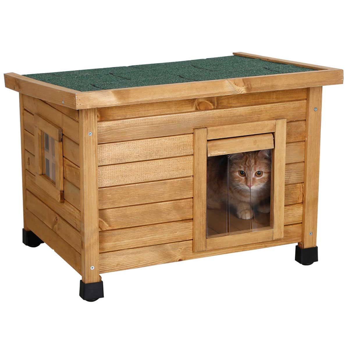 Kerbl Katzenhaus Rustica wetterfest outdoor, 57x45x43cm braun, im Einsatz