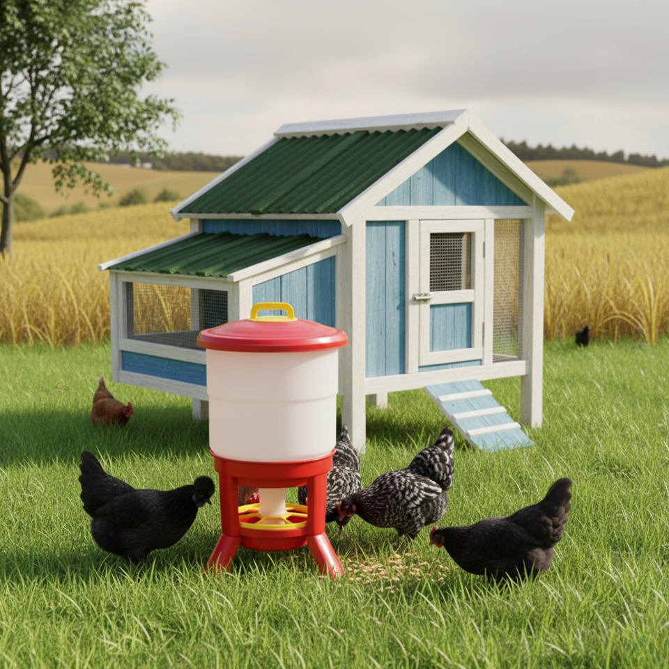 Agrarzone Imperial Poultry Hopper Feeder with Feeding Ring, in use, in the paddock