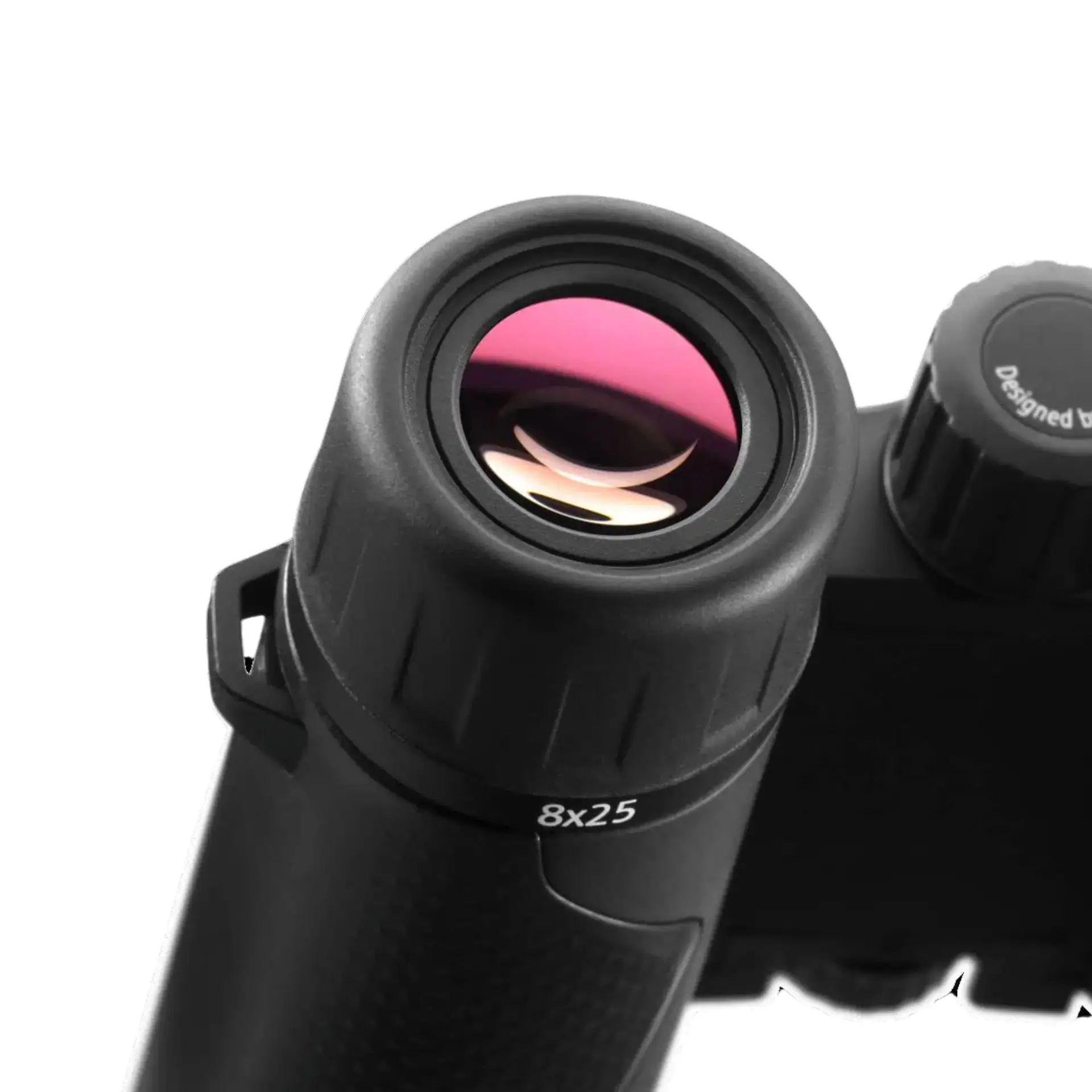 Close-up of a binocular eyepiece with pink lens reflection, marked 8x25