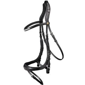 Schwarzes Leder-Trensenzaum mit anatomisch geformtem Genickstueck und verstellbaren Riemen