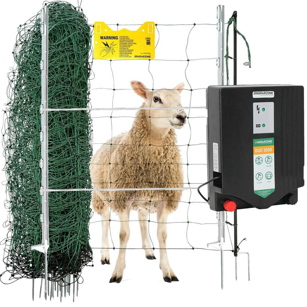 Kit de défense Agrarzone pour moutons & électrificateur DUO 3000 12V/230V, 4,5J, filet 500m x 90cm + fil 1000m
