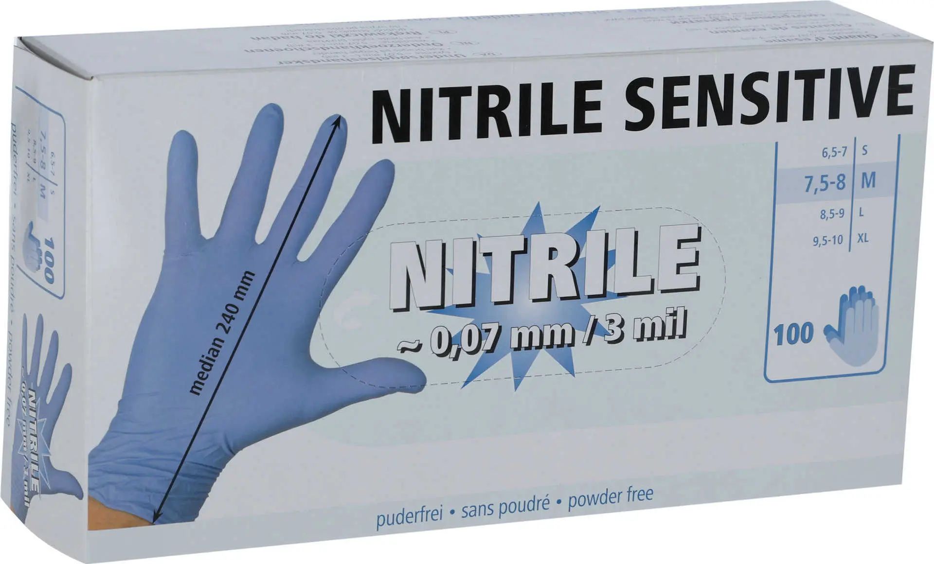 Kerbl Nitrile Sensitive Disposable Gloves, Unpowdered, Blue, 100 pcs, packaging